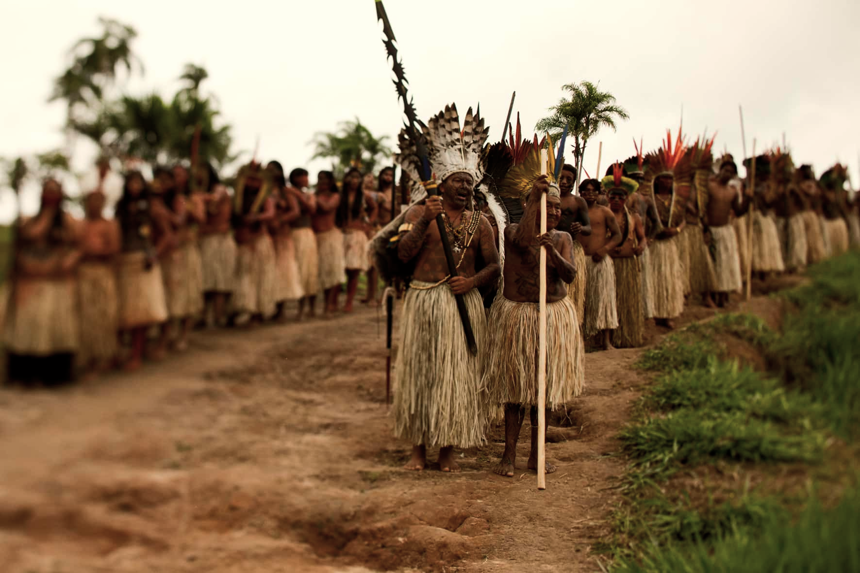 Hombres indígenas con trajes tradicionales y flechas, en una ceremonia al aire libre, rodeados de una multitud, con árboles en el fondo.