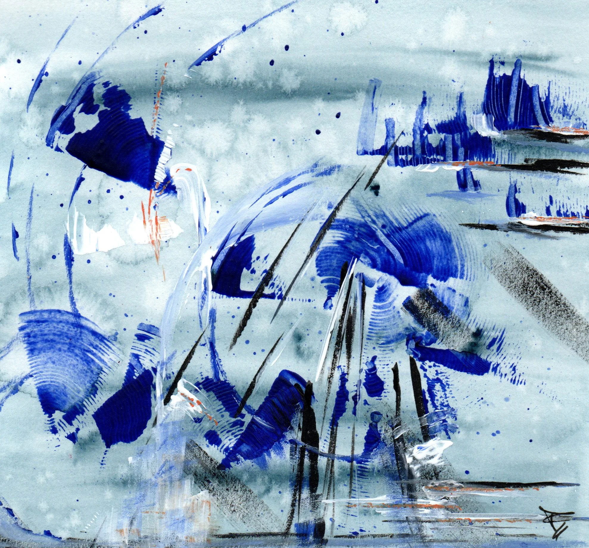 Peinture abstraite avec des coups de pinceau bleus, noirs, orange et blancs sur un fond gris clair.