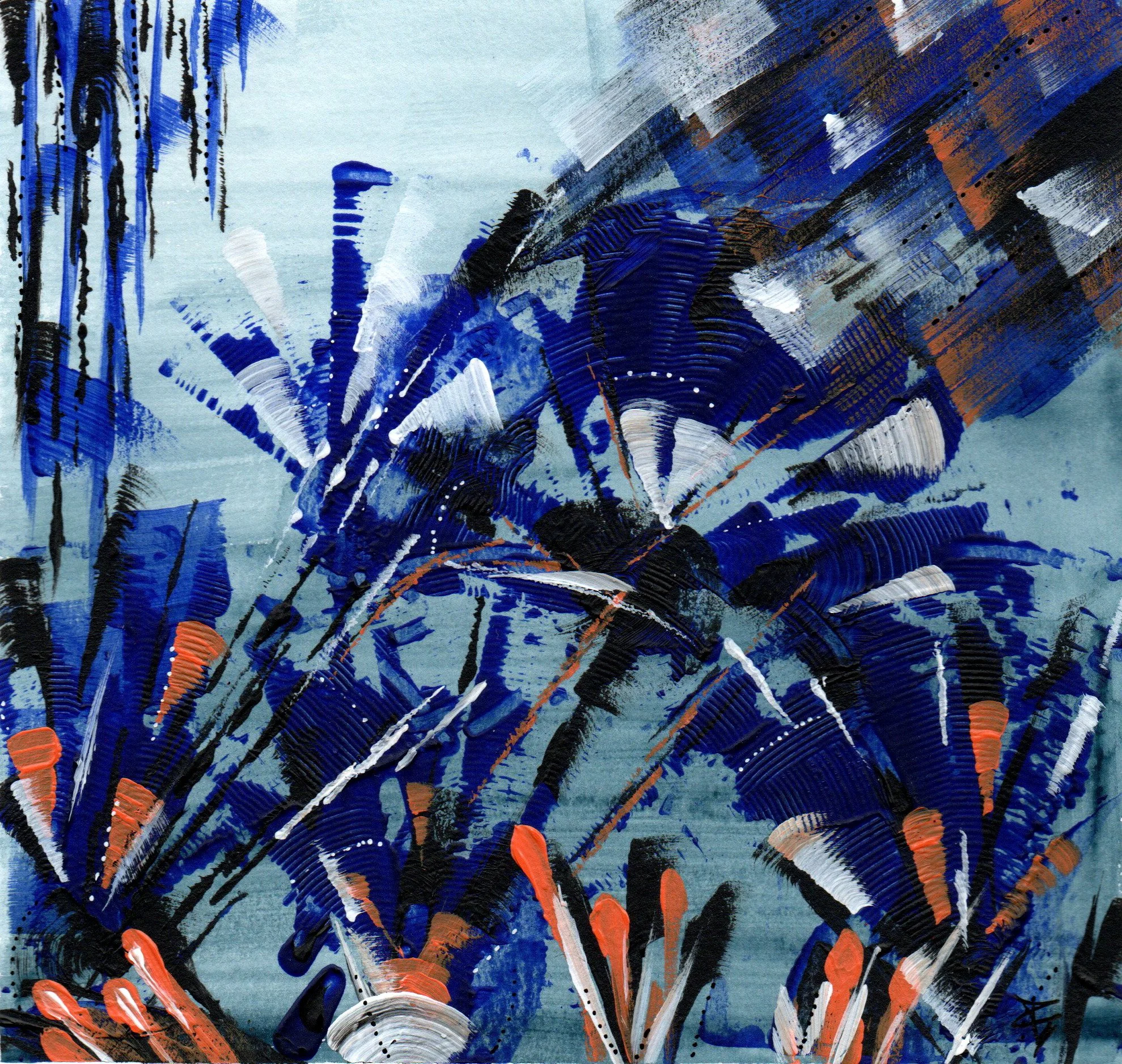 Une peinture abstraite avec des coups de pinceau en bleu, blanc, noir et des touches d'orange sur fond grisâtre.