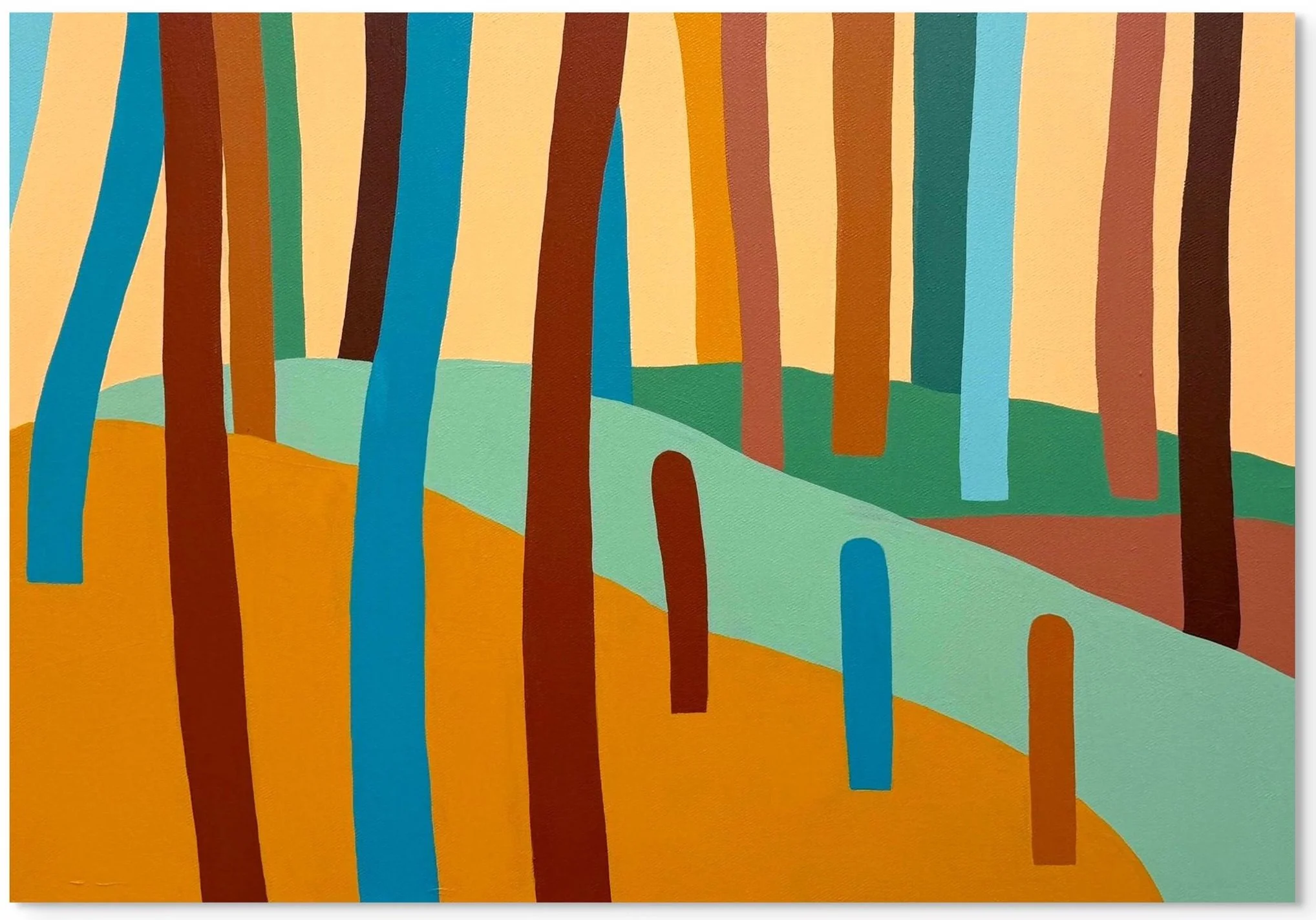 Peinture abstraite représentant une forêt avec des arbres aux troncs bleus, marrons et verts, et un chemin avec des arches bleues et marrons, sur fond de couleurs chaudes telles que jaune, orange et beige.