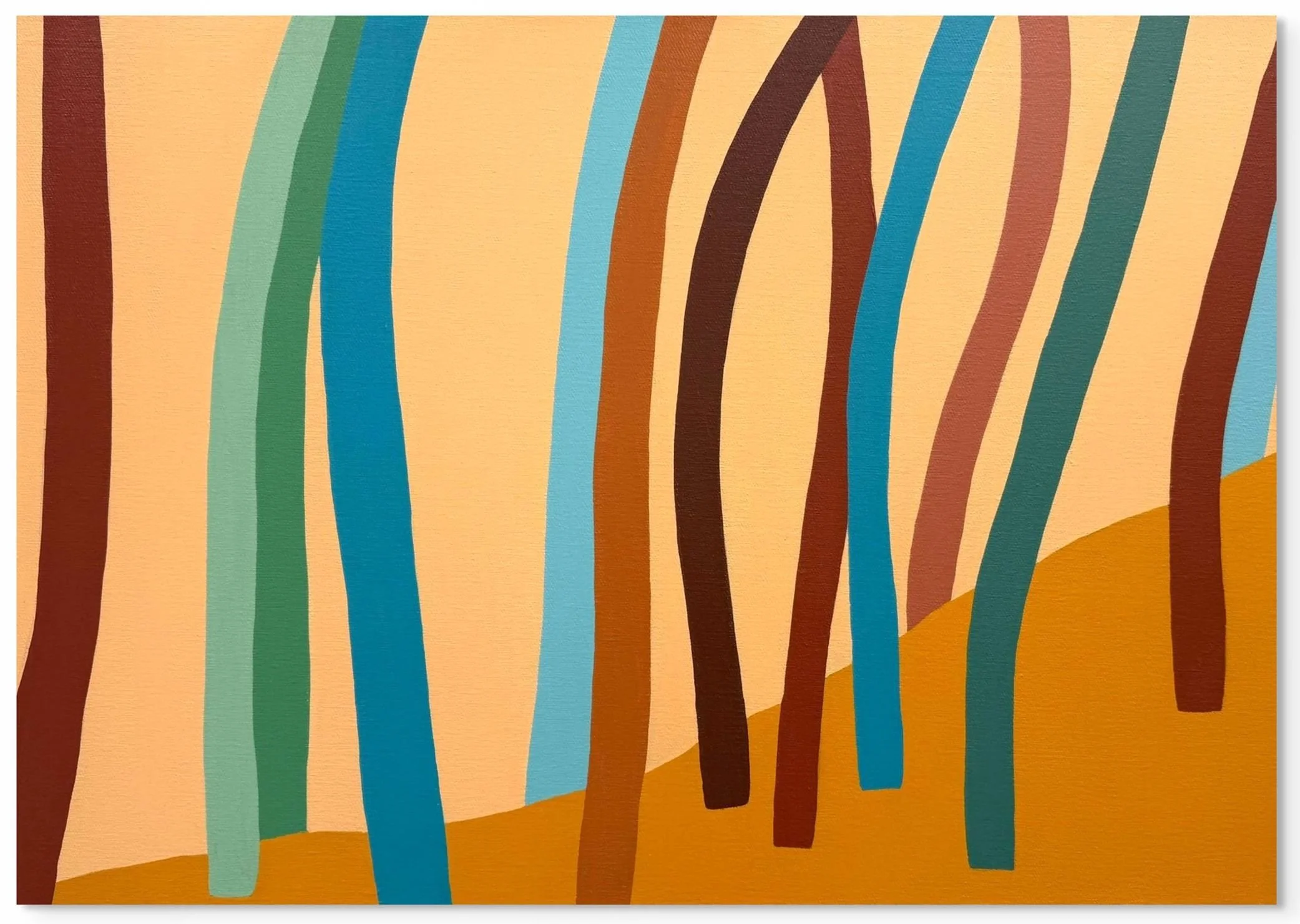 Peinture abstraite représentant des lignes courbes de différentes couleurs sur un fond beige, avec une zone orange en bas.