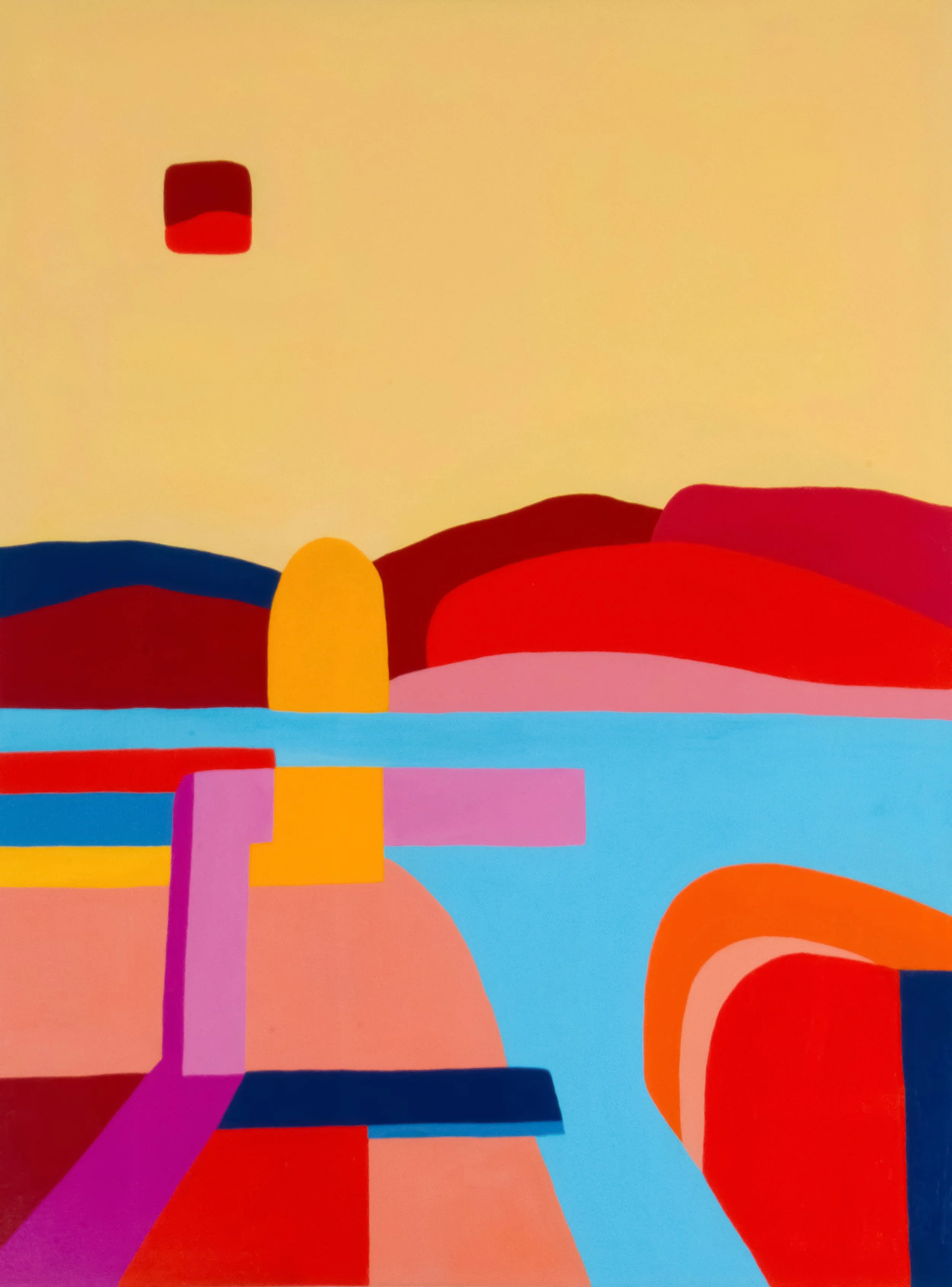 Une peinture abstraite avec des formes géométriques colorées et un fond pastel, évoquant un paysage ou une scène stylisée.