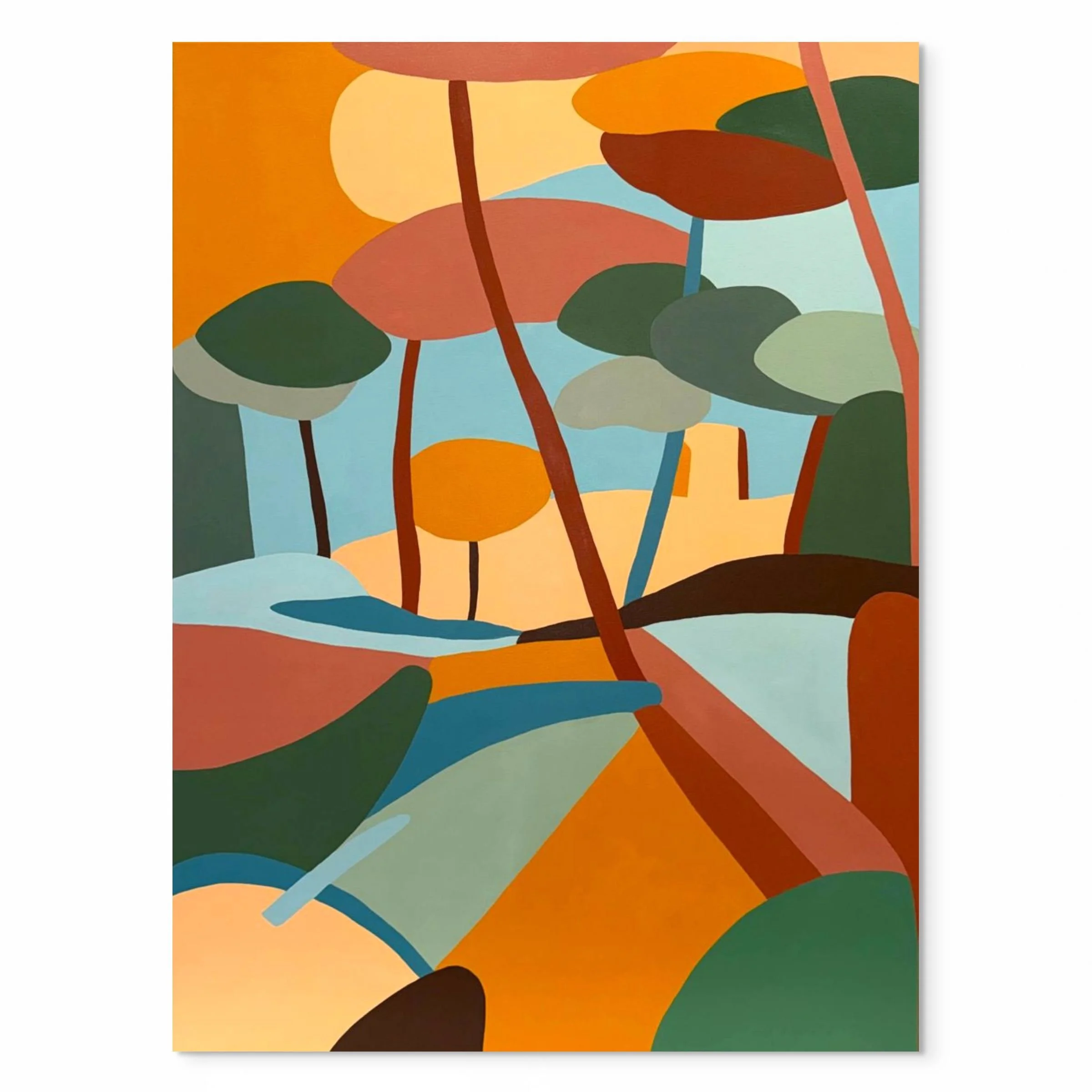 Une peinture abstraite avec des formes ovales et des lignes de diverses couleurs évoquant un paysage avec des arbres et des feuilles dans des tons chauds et froids.