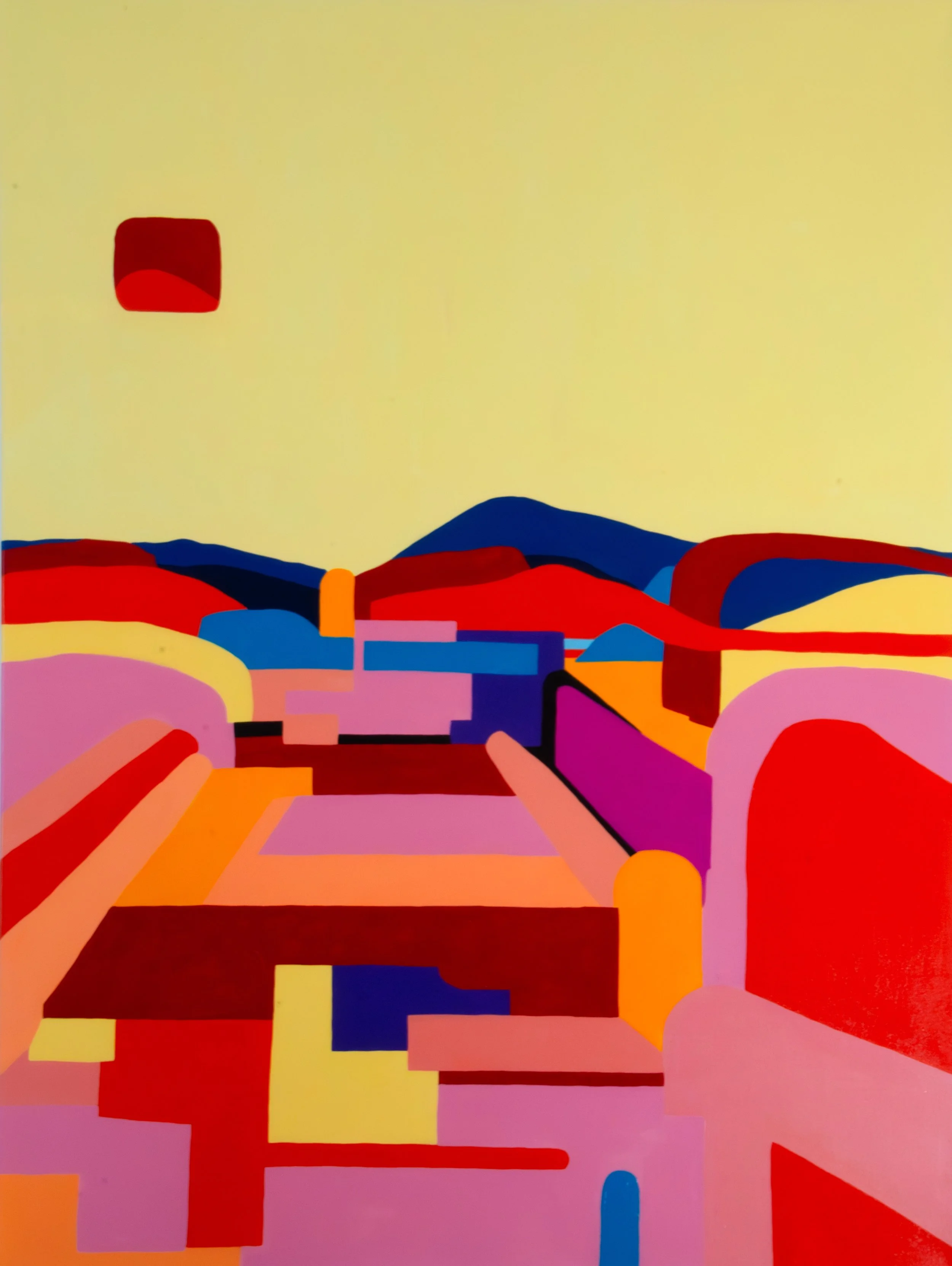 Peinture abstraite avec des formes géométriques colorées représentant un paysage, des montagnes en arrière-plan et un ciel jaune, avec un carré rouge flottant dans le ciel.