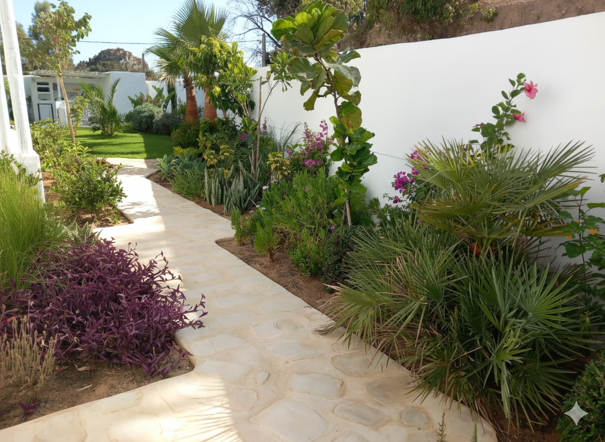 Un sentier en pierre serpentant à travers un jardin tropical avec diverses plantes, arbustes et palmiers, murs blancs en arrière-plan et ciel ensoleillé.