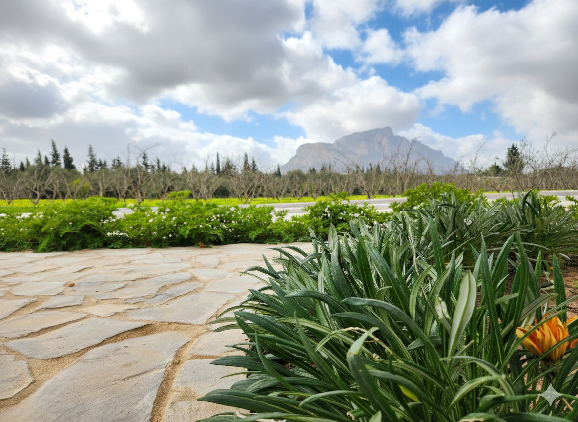 Jardin avec des plantes vertes en premier plan, un chemin en pierre, un champ avec des fleurs, arbres, et une montagne au loin sous un ciel partiellement nuageux.