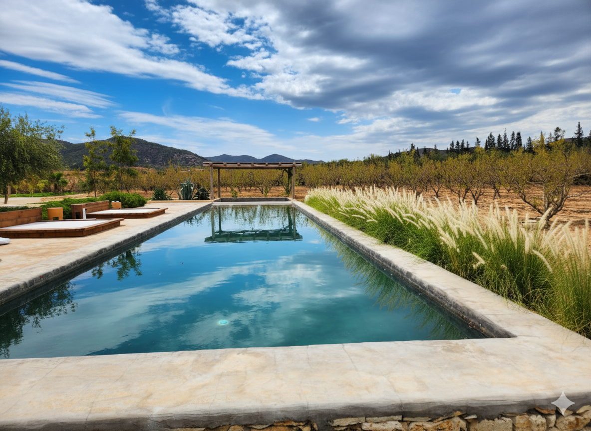 Piscine extérieure avec un paysage de montagnes, arbres et ciel nuageux, entourée de végétation et d'une terrasse en pierre