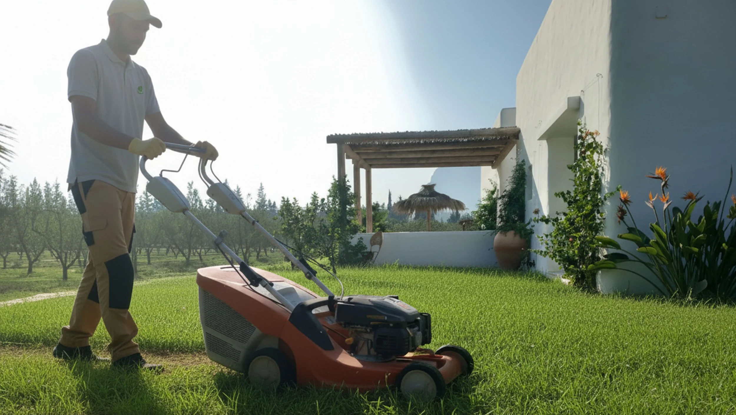 Homme tondant la pelouse avec une tondeuse électrique dans un jardin ensoleillé, avec une maison blanche, des plantes et des arbres en arrière-plan.