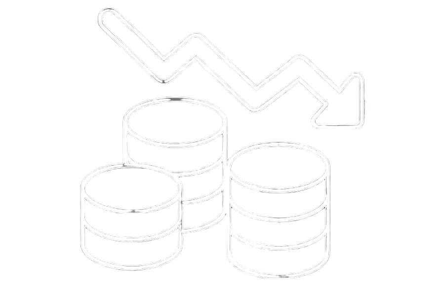 Neon outline of stacked coins with downward trending arrow, symbolizing financial decline or economic downturn.