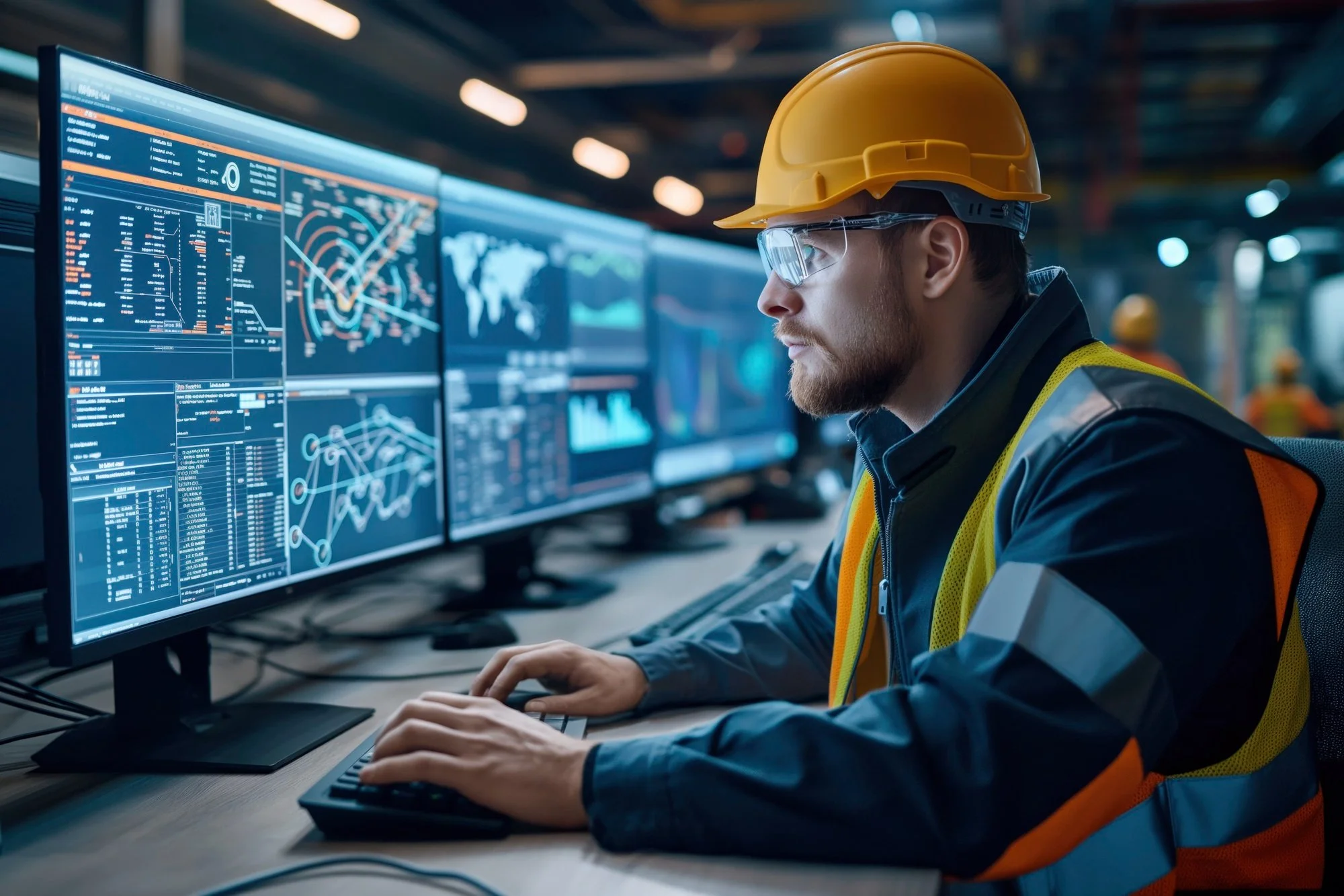 A worker in safety gear, including a yellow hard hat and safety vest, monitors multiple computer screens displaying data and charts in a control room or data center.