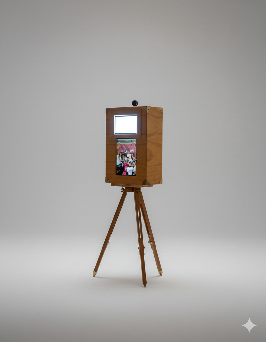 Boîte en bois avec un écran et une photo de groupe, posée sur un trépied en bois, dans un environnement blanc.
