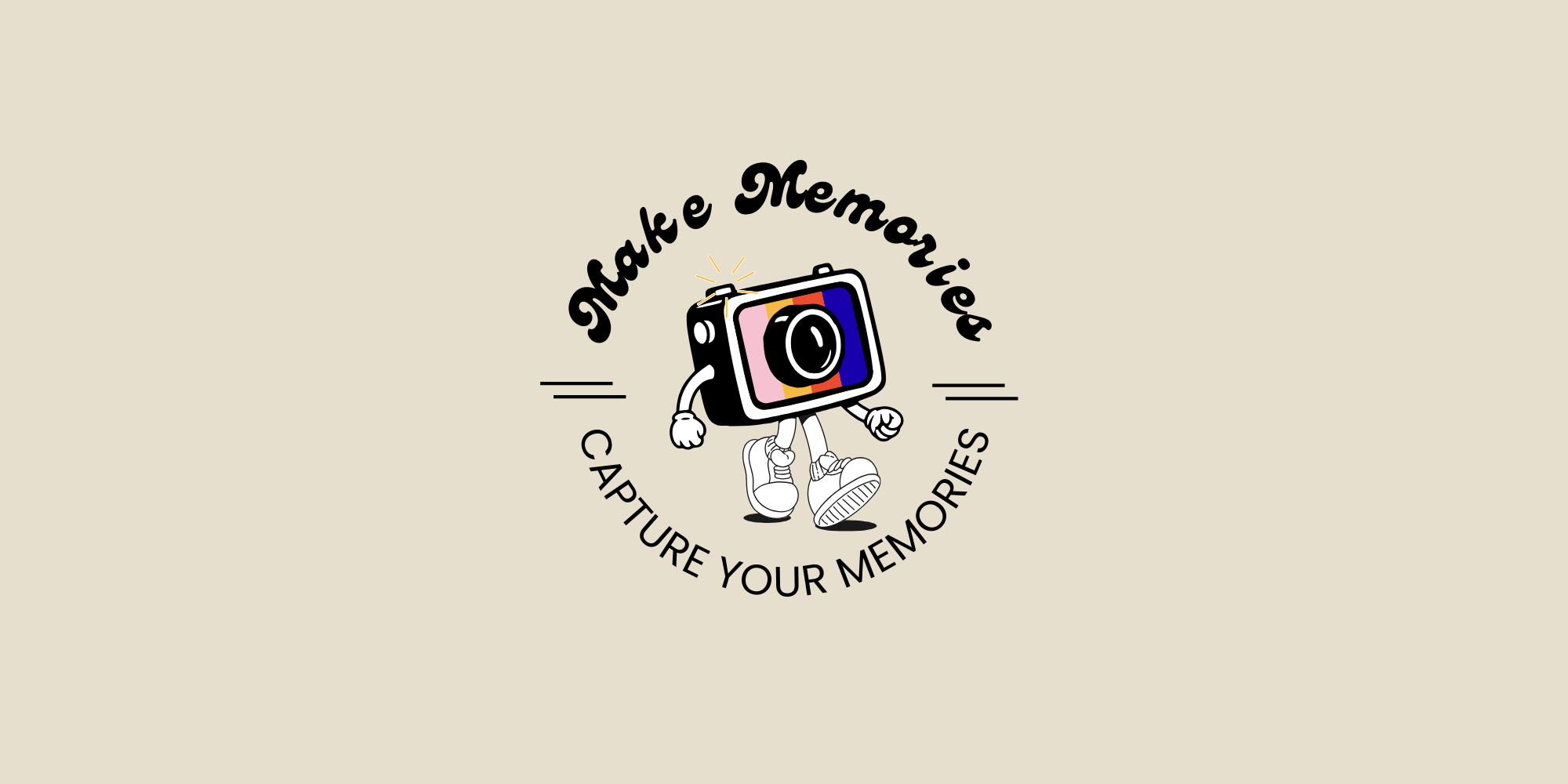 Logo avec une caméra anthropomorphe portant des baskets, entouré du texte 'Make Memories' en haut et 'Capture Your Memories' en bas.
