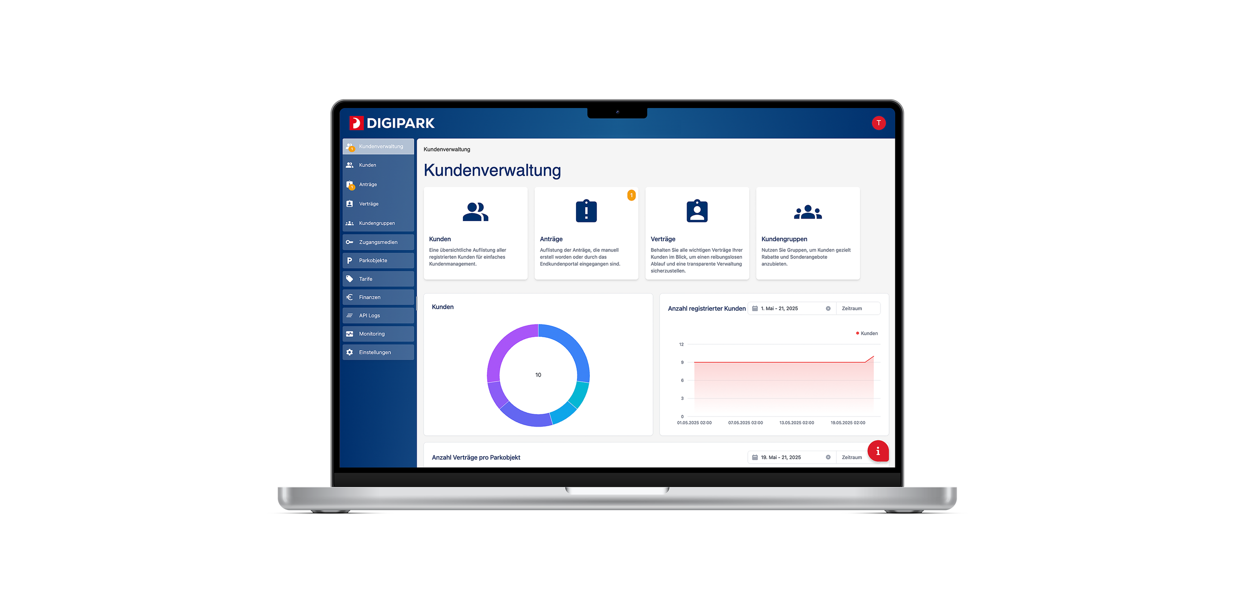 Laptop mit Software-Dashboard für Kundenverwaltung, zeigt Diagramme und Menüs in Deutsch. Das Bild zeigt den DIGIPARK Manager, die Software für Betreiber von Parkplätzen zur Automatisierung von Dauer- und registriertem Kurzparken.