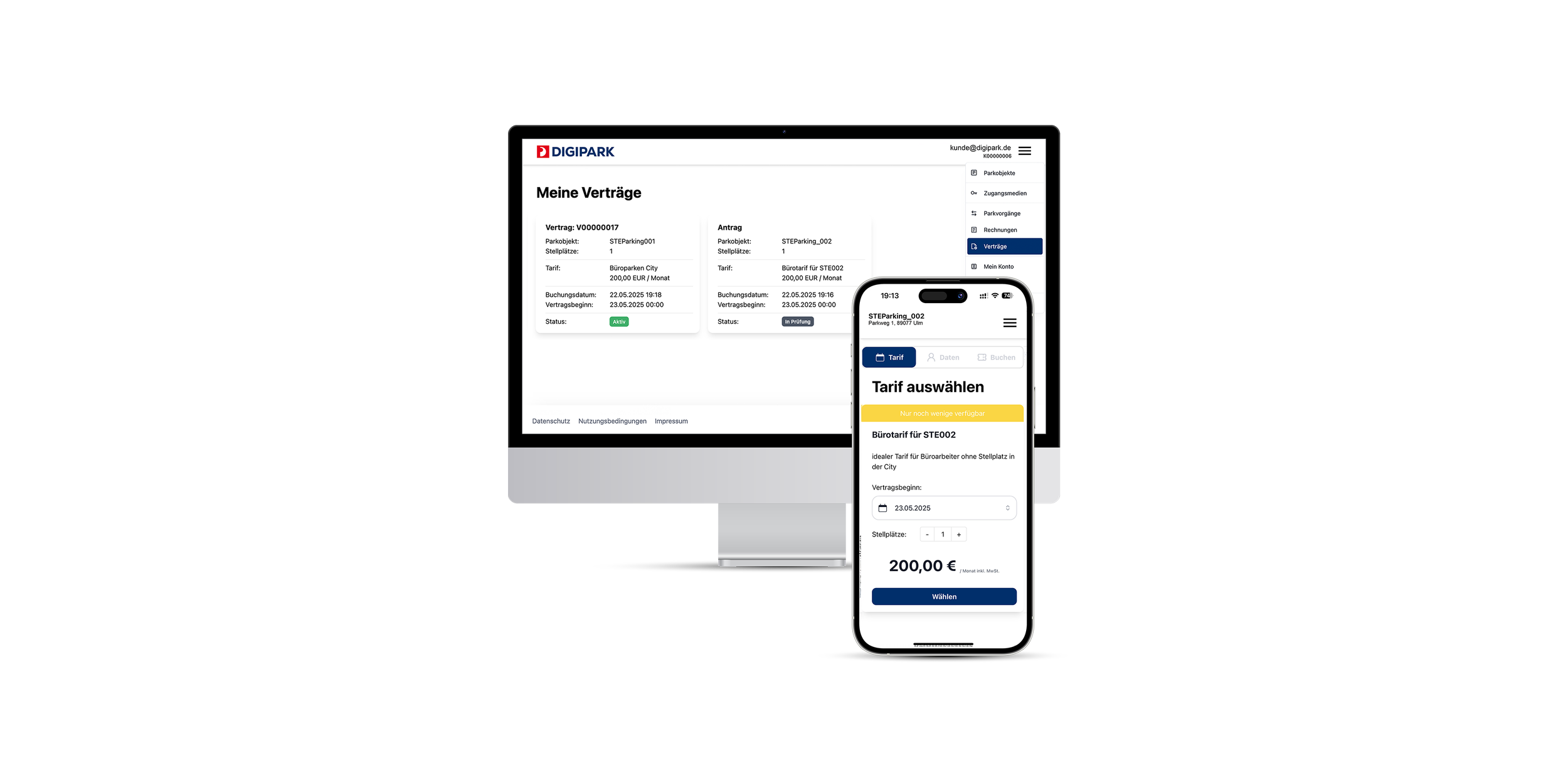Digitales Parkverwaltungssystem von DIGIPARK auf Computer und Smartphone, Anzeige von Vertragsübersicht auf dem Computer und Tarifauswahl auf dem Smartphone. Das Bild zeigt das DIGIPARK Endkundenportal.