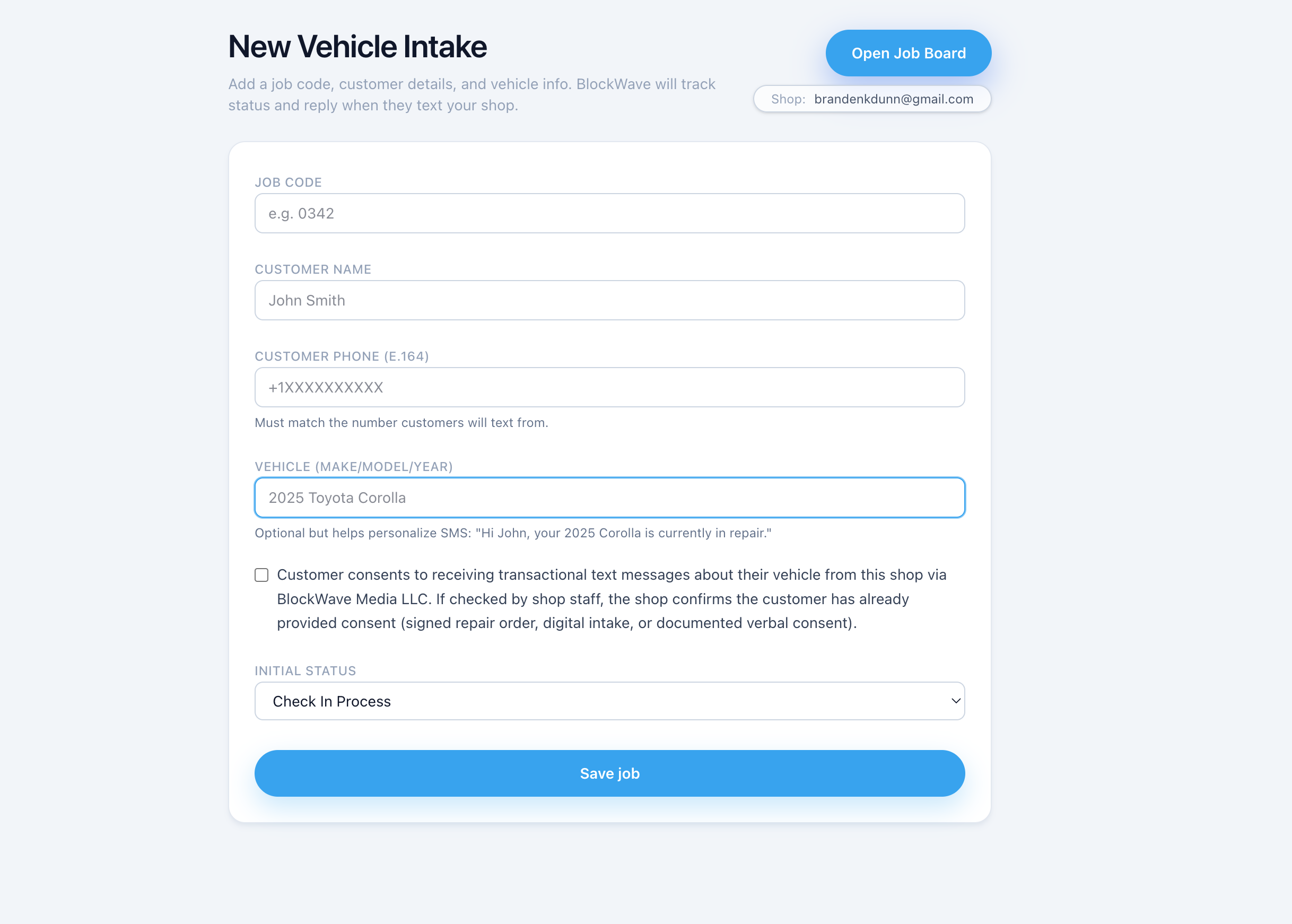 BlockWave AI vehicle intake form used by auto repair shops to create jobs and trigger automated customer text updates.