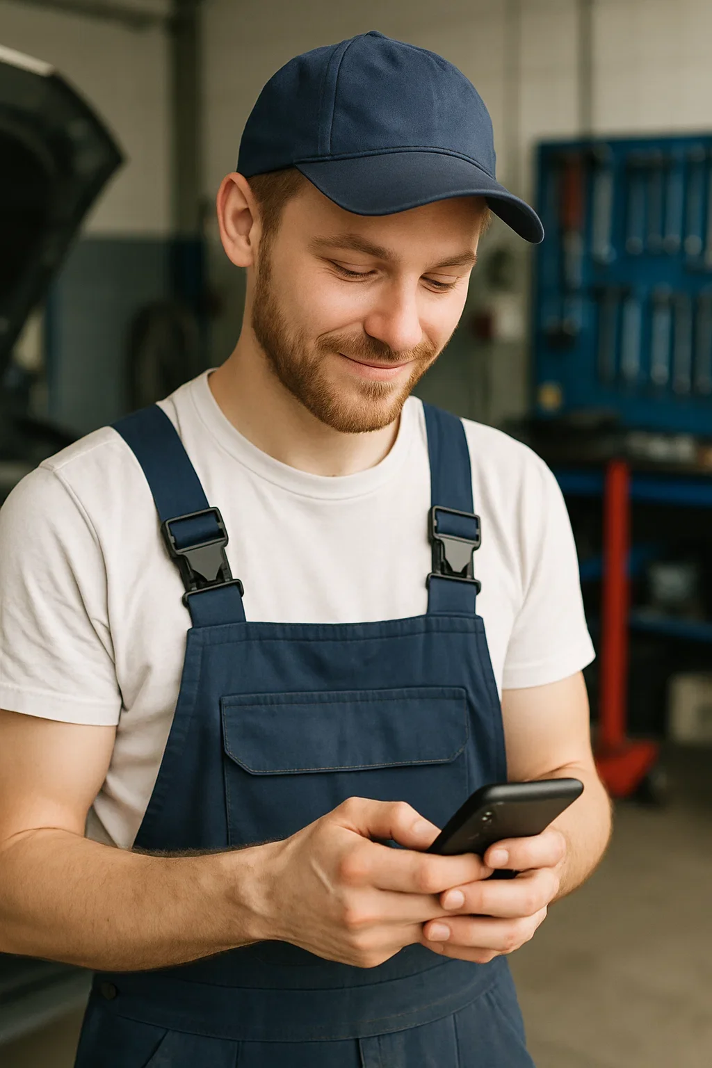 Auto repair technician checking customer messages and job updates in a repair shop.