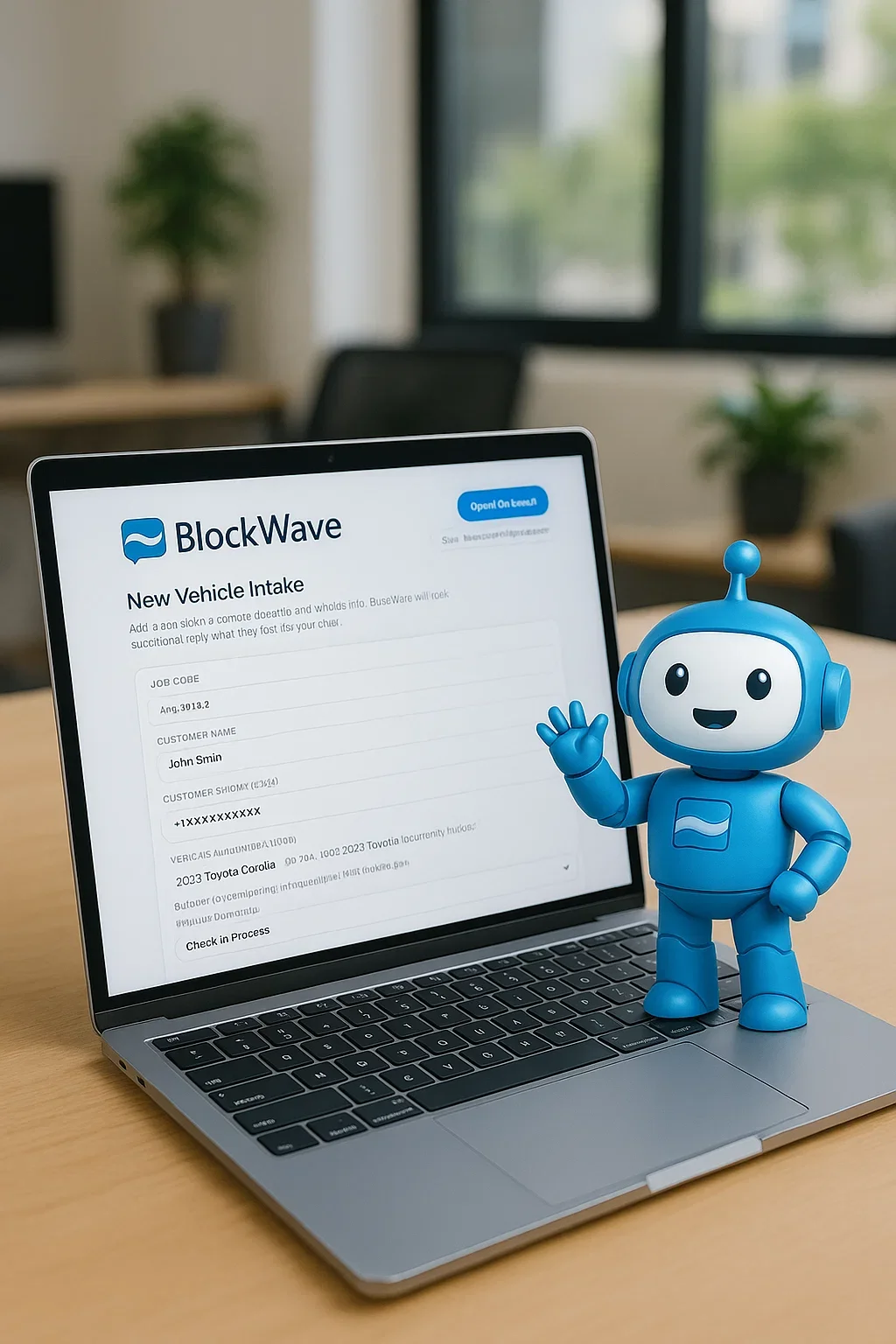 BlockWave AI dashboard showing vehicle intake and automated customer communication for auto repair shops.