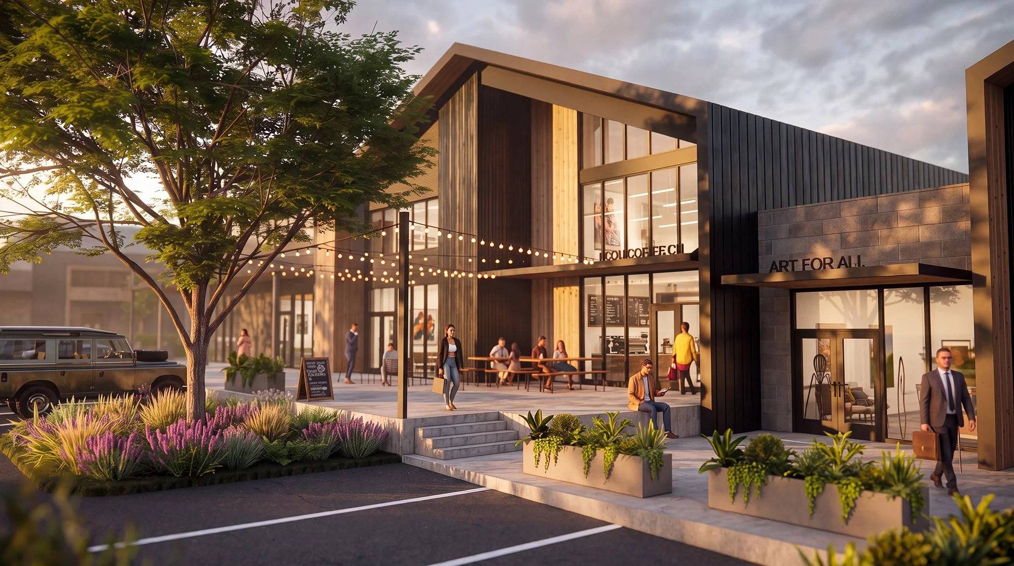 Rendering of a two-story flex building with patio at The Collective East, East Austin