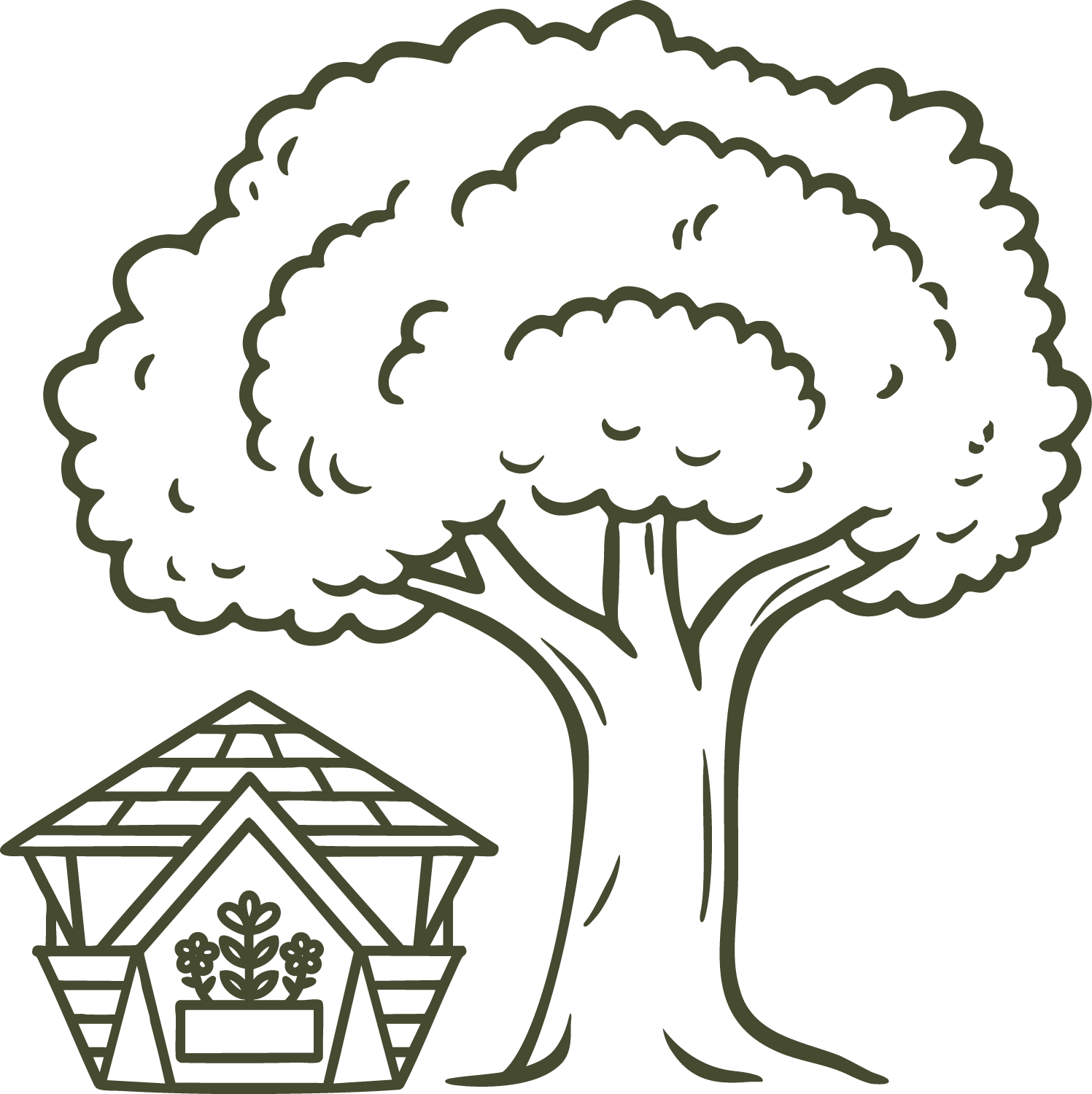 A black and green illustration of a large tree with a house underneath, with plants in the house's window.