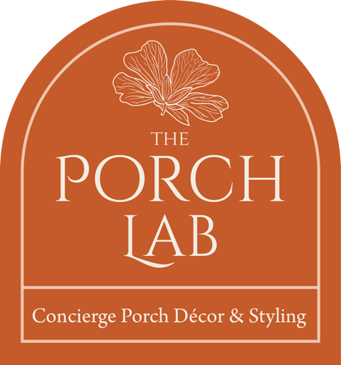 Logo for The Porch Lab, a concierge porch decor and styling business, featuring a large leaf graphic at the top, with the business name in the center and a subtitle at the bottom.