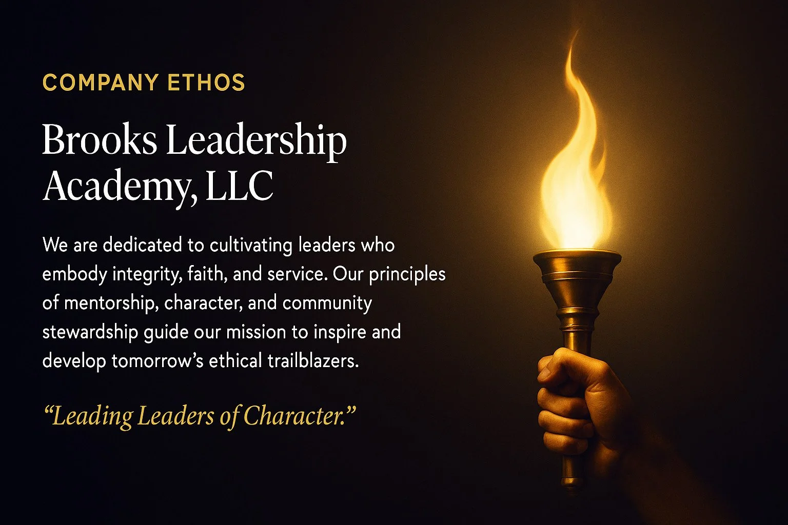 A graphic with text about Brooks Leadership Academy, LLC, displaying a lit torch held by a hand, symbolizing leadership and inspiration.