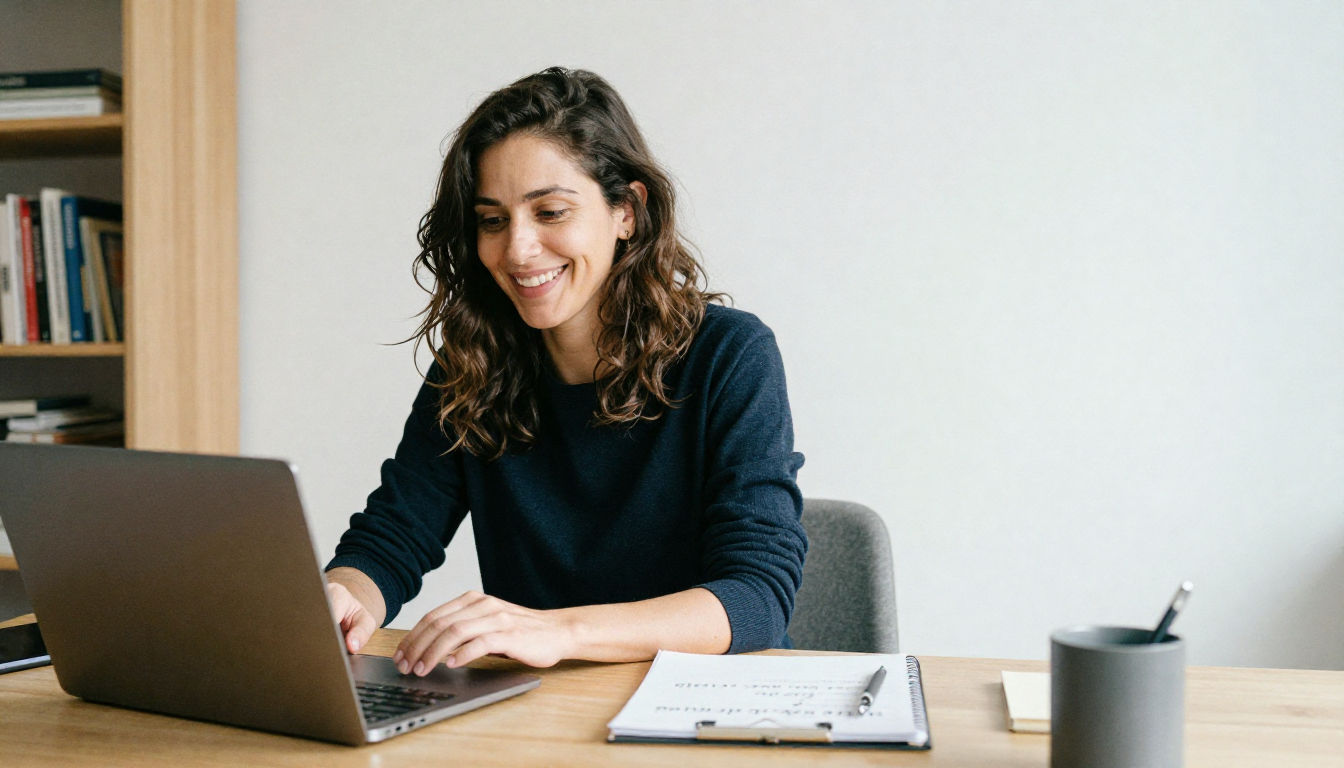 Happy woman working on a laptop at a desk in a modern office