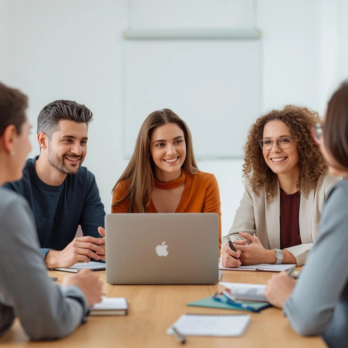 Group of diverse people sitting around a conference table in a meeting room, smiling, with a laptop in front of them.