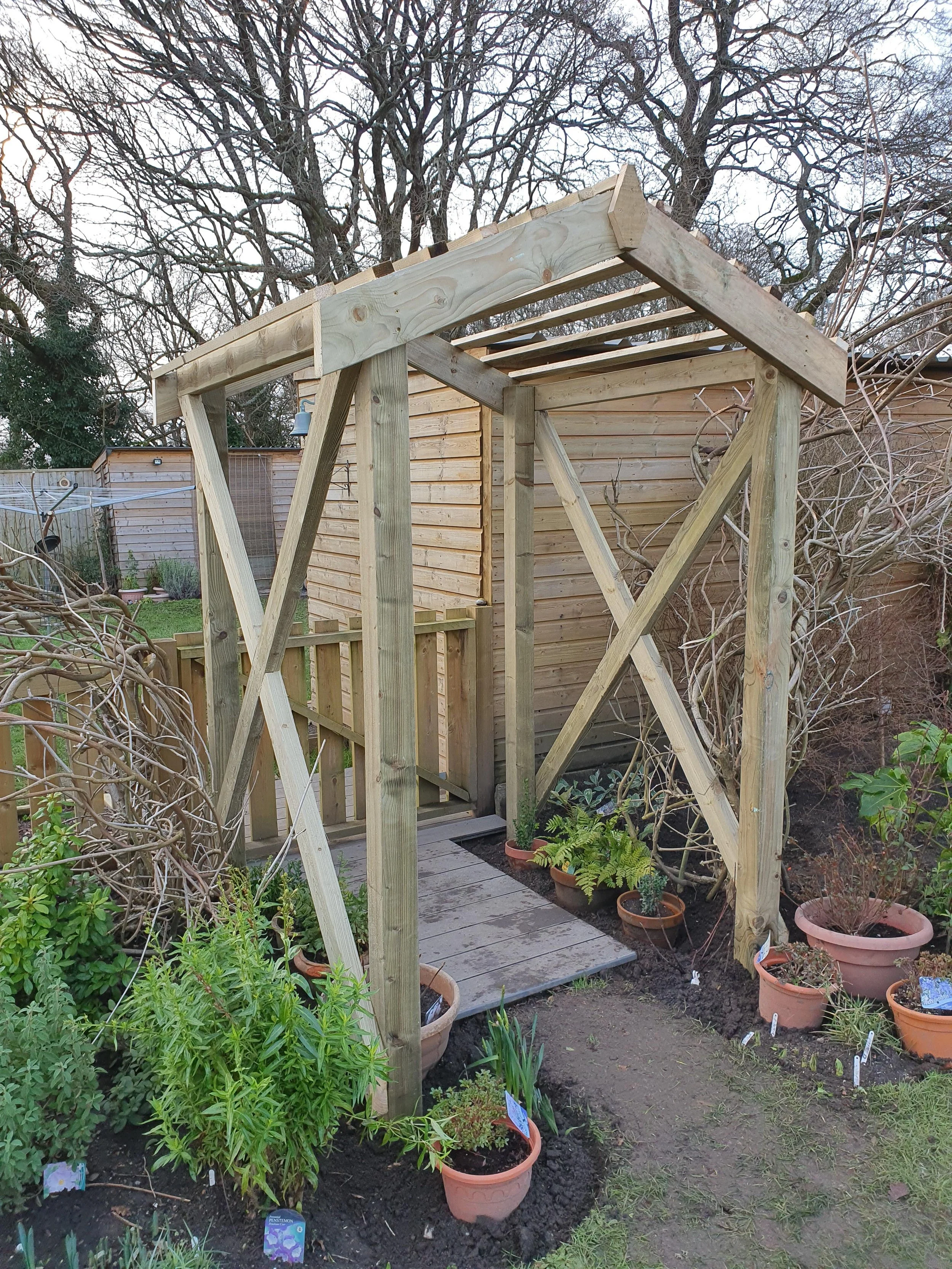 A wooden garden shed in construction with a frame and roof beams, surrounded by potted plants and garden beds in a backyard.