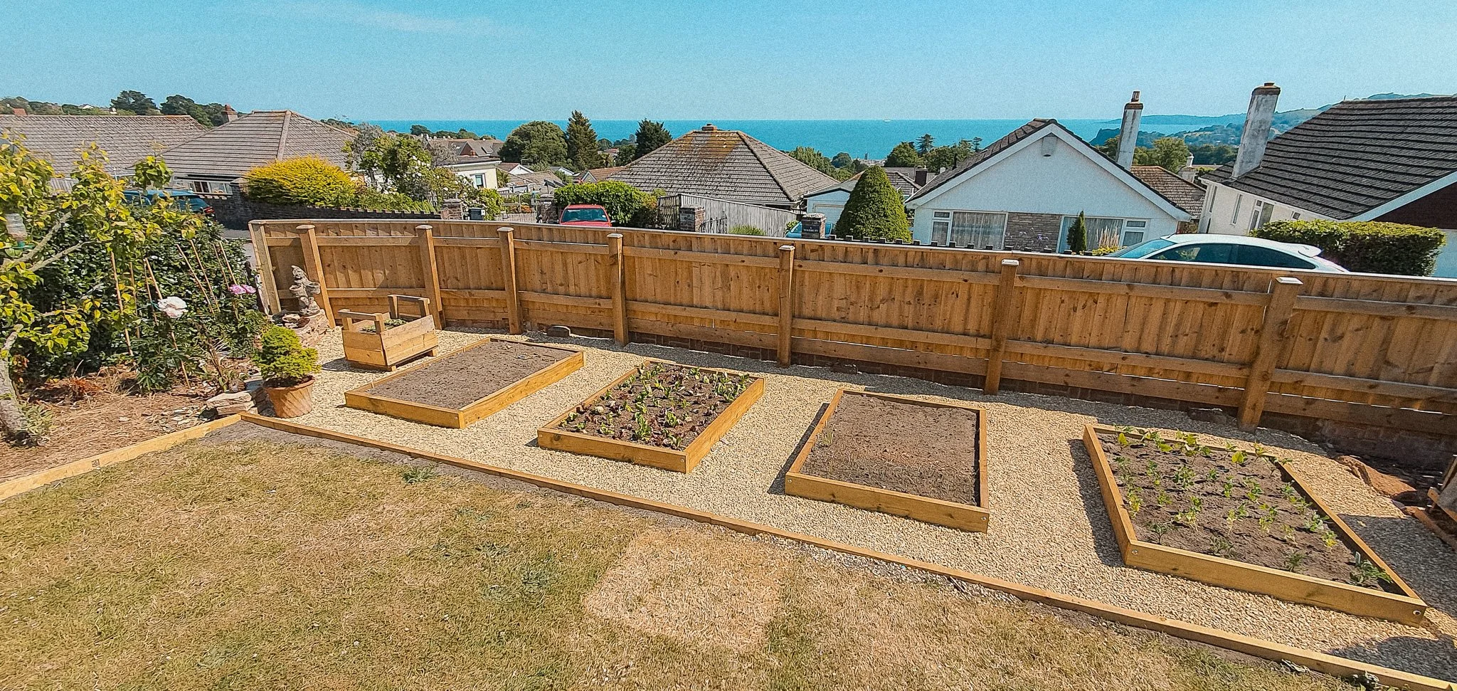 A backyard garden with raised vegetable beds on a gravel pathway, a wooden fence, and neighboring houses with a view of the ocean in the distance.