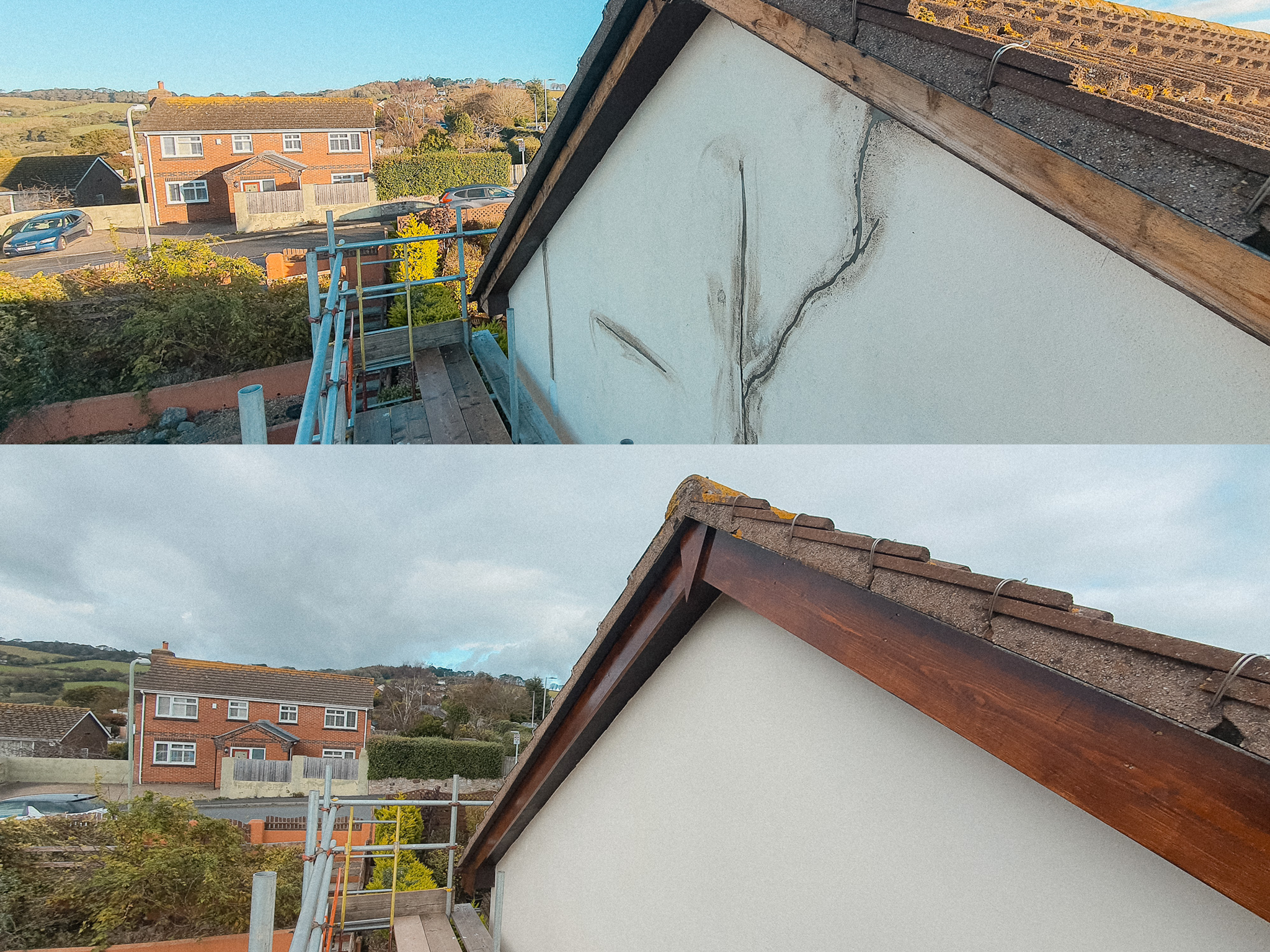 Before and after images of a house gutter cleaning, showing a dirty, clogged gutter with moss and debris in the top photo, and a clean, debris-free gutter in the bottom photo.