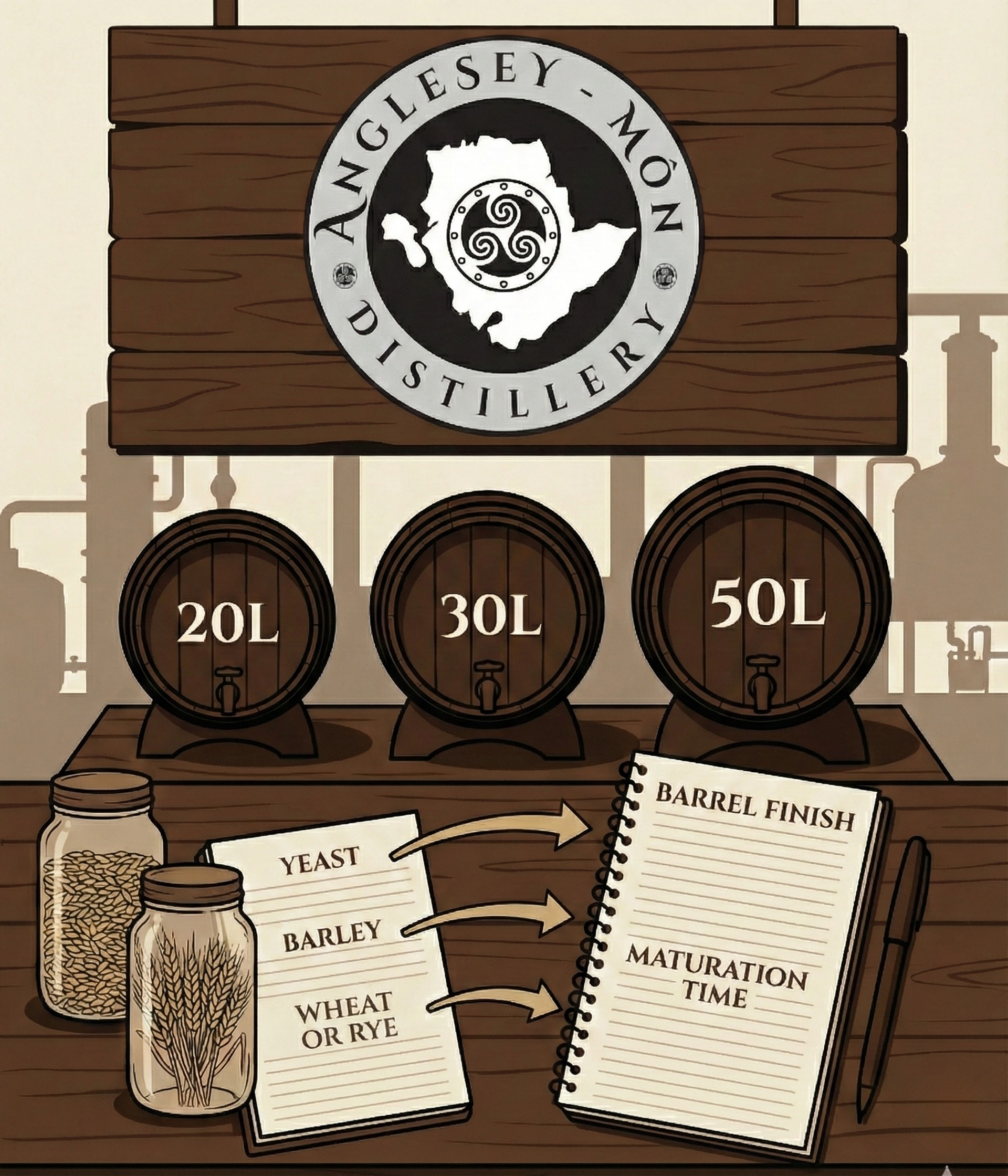 Illustration of Angelesea Moon Distillery with three barrels labeled 20L, 30L, and 50L, alongside jars of yeast and barley, a notebook for barrel finish and maturation time.