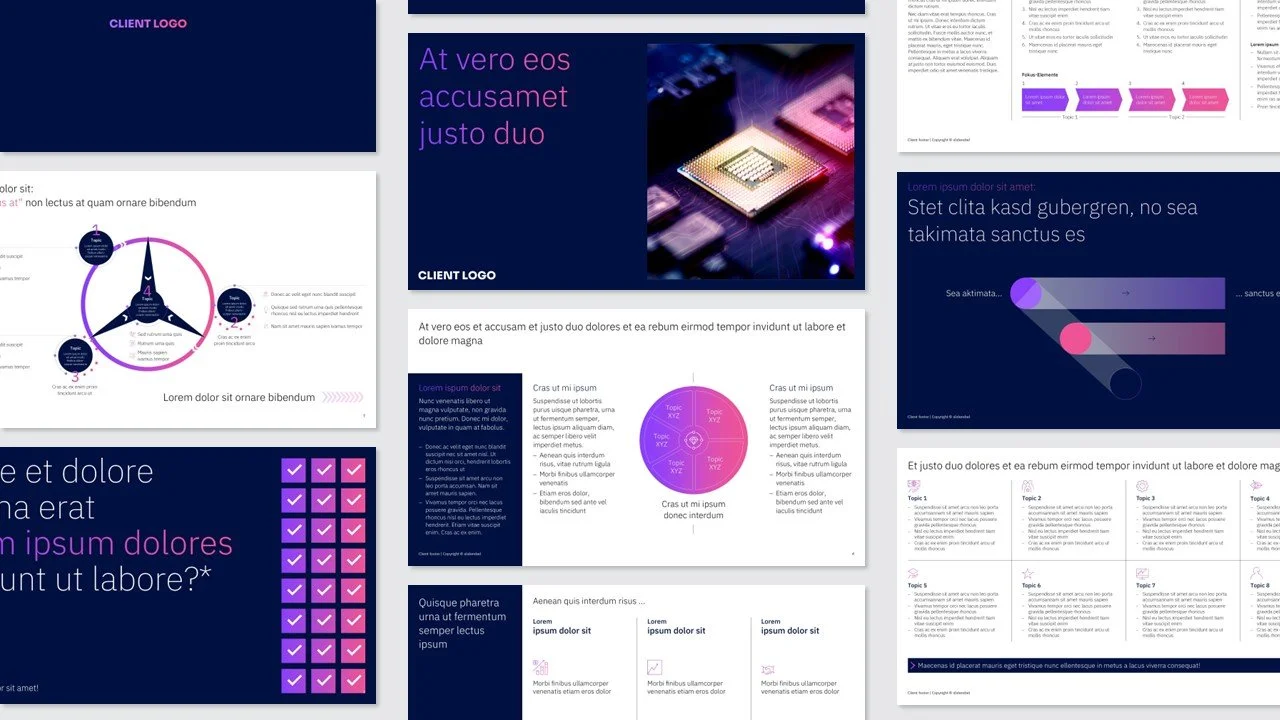 Mehrere Präsentationsfolien mit Diagrammen und Text in Lila, Schwarz, Pink und Weiß. Verschieden grafische Darstellung.