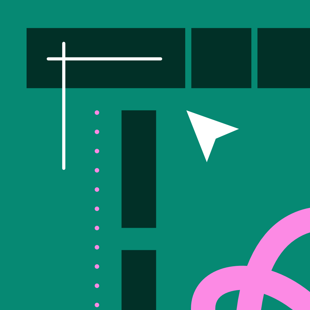 Close-up of a digital navigation or control interface with directional arrow, bars, and dotted line on a teal background.