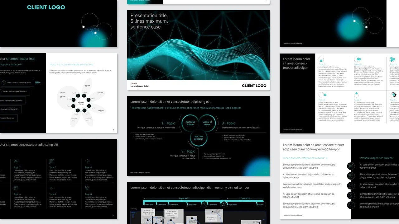 Präsentation auf dunklem Hintergrund mit Verlaufselementen, verschiedenen Grafikdarstellungen, Texte und Bilder