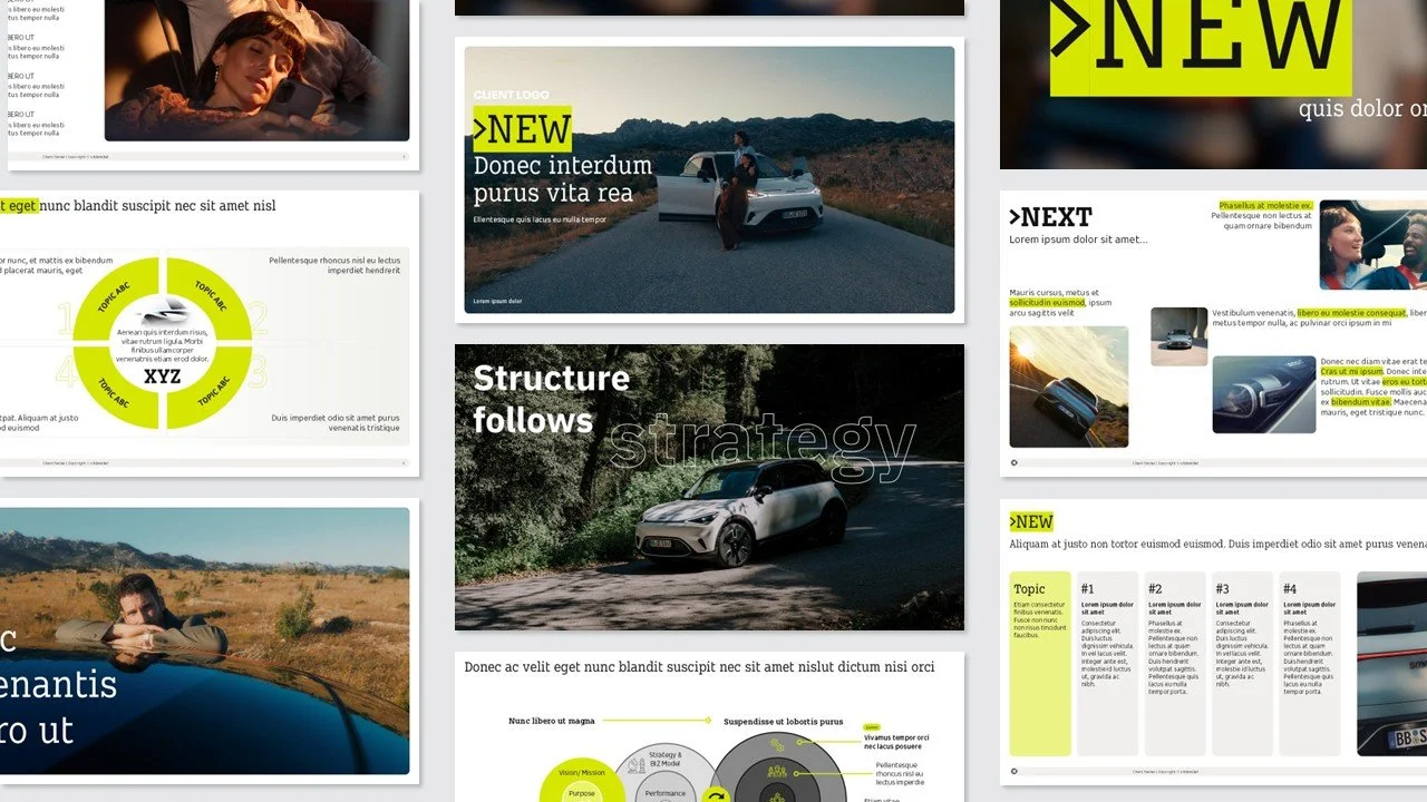 Collage aus Präsentationsfolien mit Bildern von Autos, Menschen und Texten in Deutsch und Englisch, darunter Überschriften wie 'NEW', 'Next', 'Structure follows strategy', und Diagrammen, hauptsächlich in gelber, schwarzer, grüner und weißer Farbgest