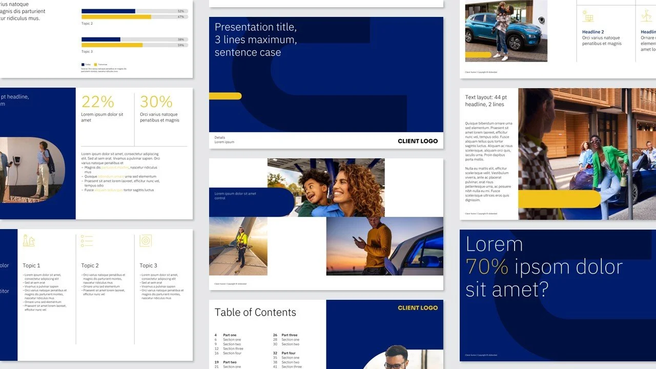 Mehrere Präsentationsfolien mit Diagrammen, Texten und Fotos. Themen sind Automobil, Lifestyle und Kommunikation zu sein, mit Bildern von Menschen, Autos und Natur.