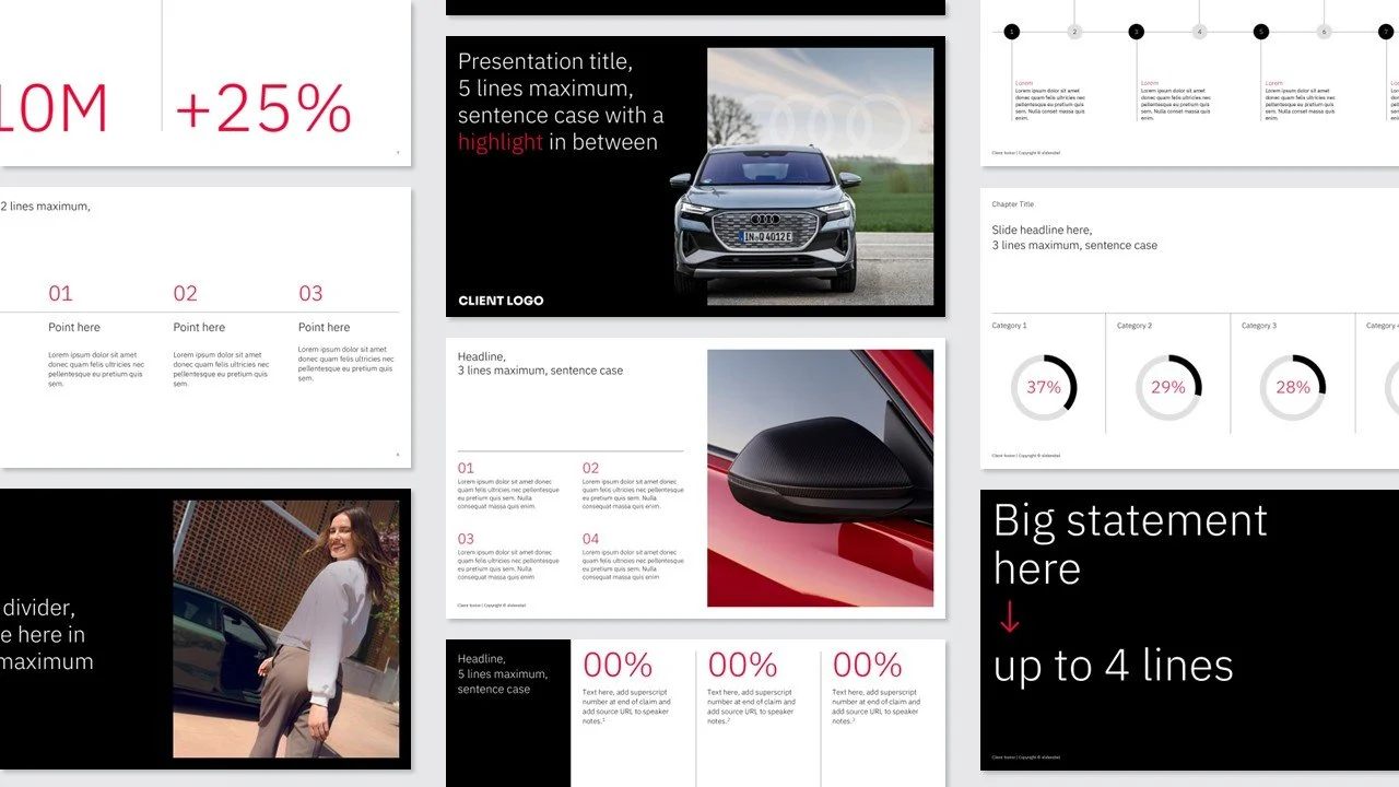 Eine Sammlung von Präsentationsfolien mit Text, Bildern und Diagrammen. Enthält einen Car-Shot, ein Diagramm mit prozentualen Anzahlen, und Textboxen für Überschriften und Stichpunkte. Der Hintergrund ist schwarz und weiß, mit Akzenten in Rot.