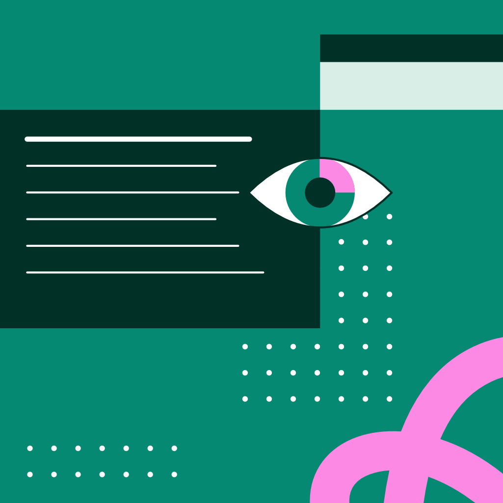 Abstract digital illustration with an eye, lines of text, dots, and geometric shapes in green, pink, and white.