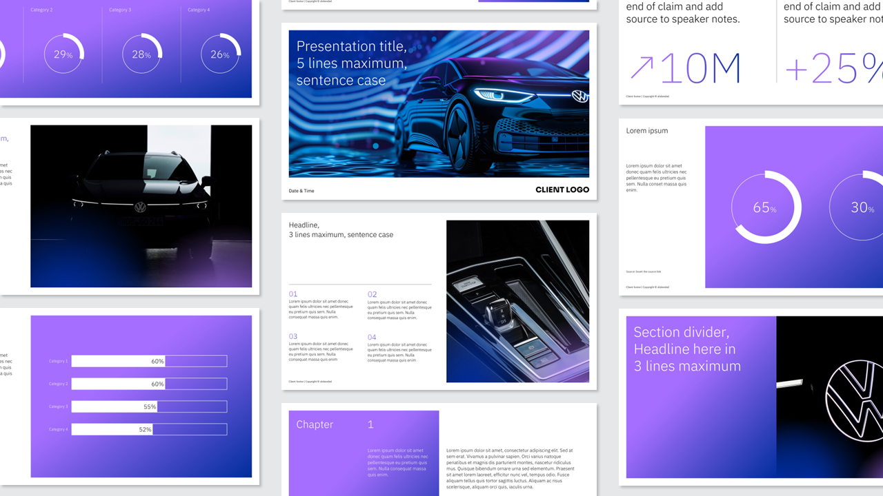 Mehrere Folien einer PowerPoint-Präsentation mit Automobilthemen, darunter Autos in verschiedenen Szenerien, Diagramme, Textblöcke in Lila und Schwarz, sowie Grafiken und Diagramme über Fahrzeugstatistiken.