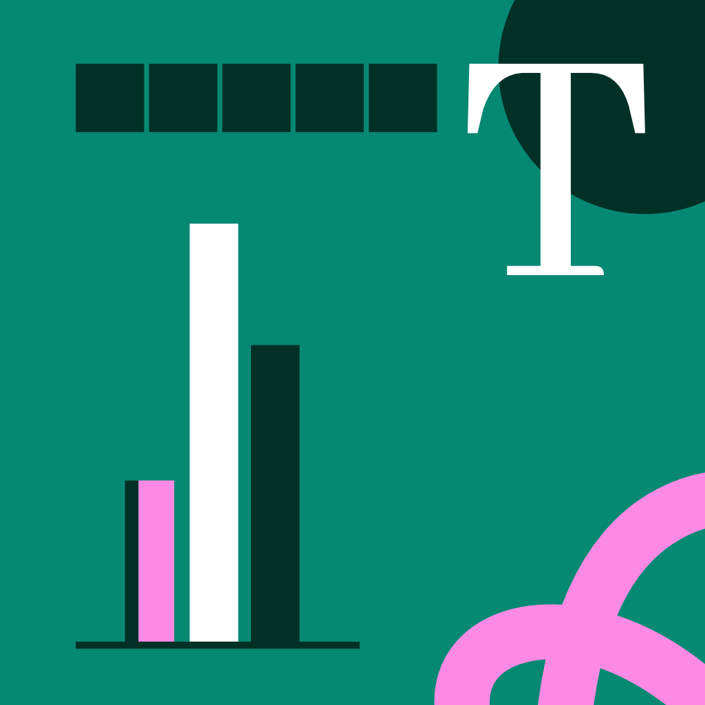 Abstract graphic with charts and money symbols, featuring bar graphs, a dollar sign, and a color scheme of dark green, light pink, and white.