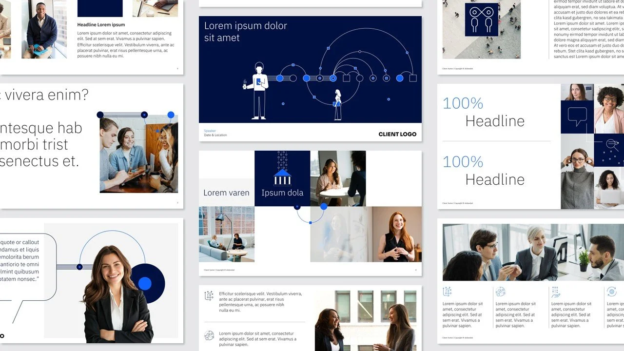 Verschiedene Präsentationsfolien mit Texten, Bildern von Menschen in Geschäfts- und Meeting-Situationen, Diagrammen und Grafiken, überwiegend in Blau- und Weißfarben, im Stil einer professionellen Geschäftskommunikation.