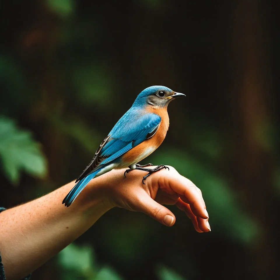 Colorful bird with blue, orange, and white feathers perched on a person's hand.