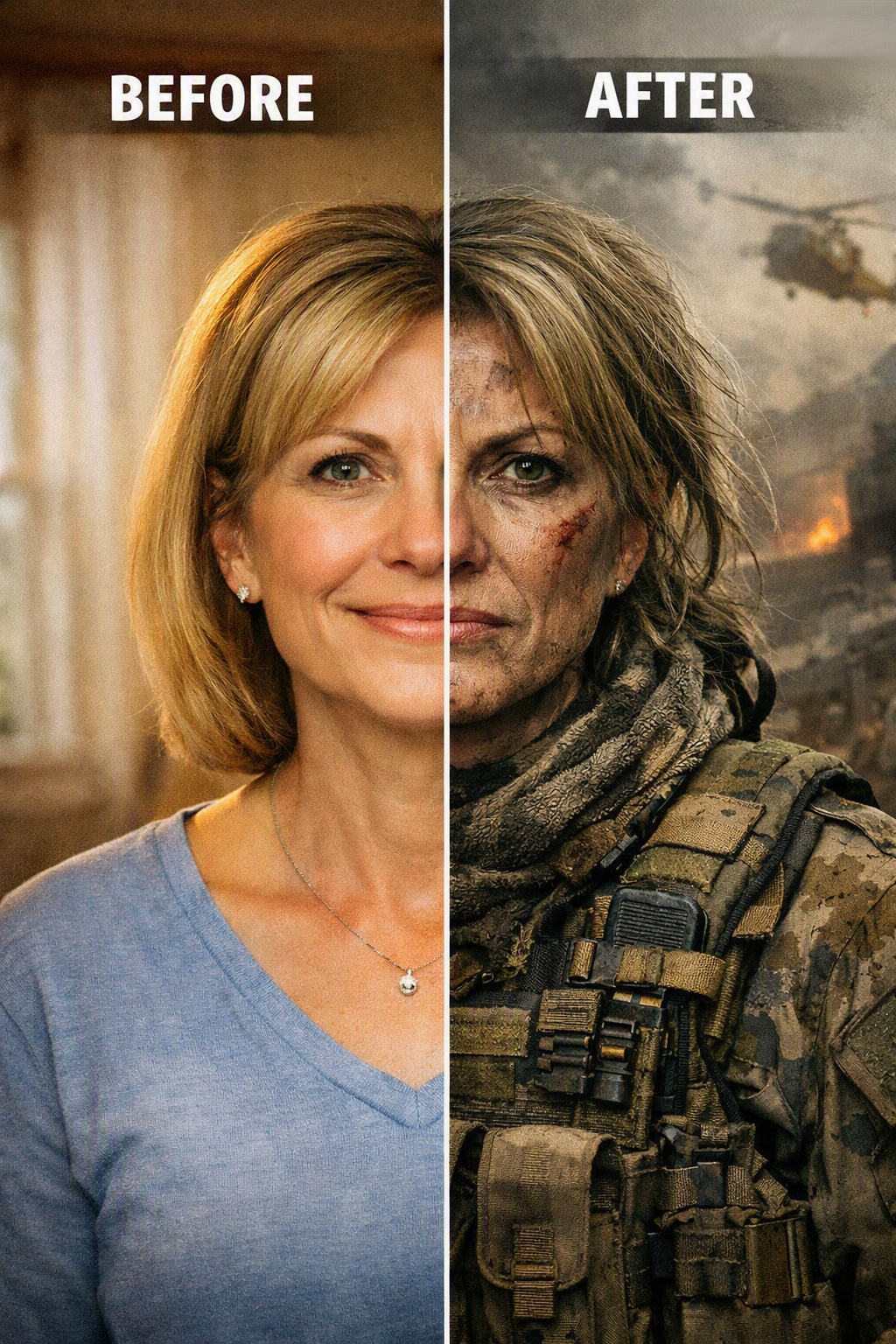 An innocent woman becomes a war-torn vet