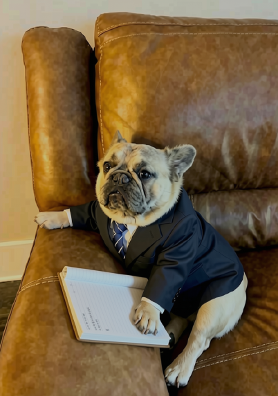 A French Bulldog wearing a business suit, sitting on a leather couch with an open notebook in front of it.