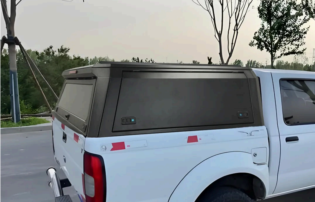 White pickup truck with black canopy parked on a paved area, trees and overcast sky in the background.