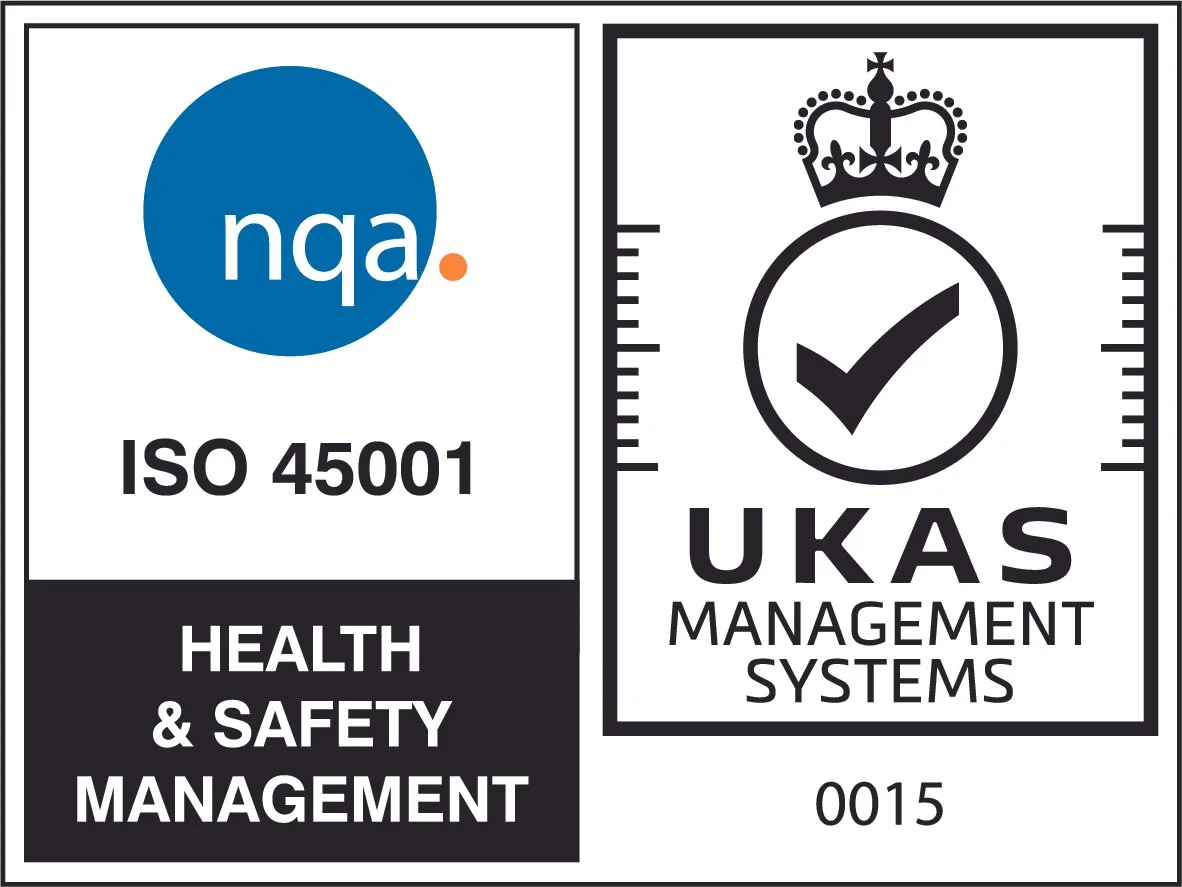 Black, blue and white ISO 45001 logo featuring a crown , tick and the  nqa logo (a blue circle).