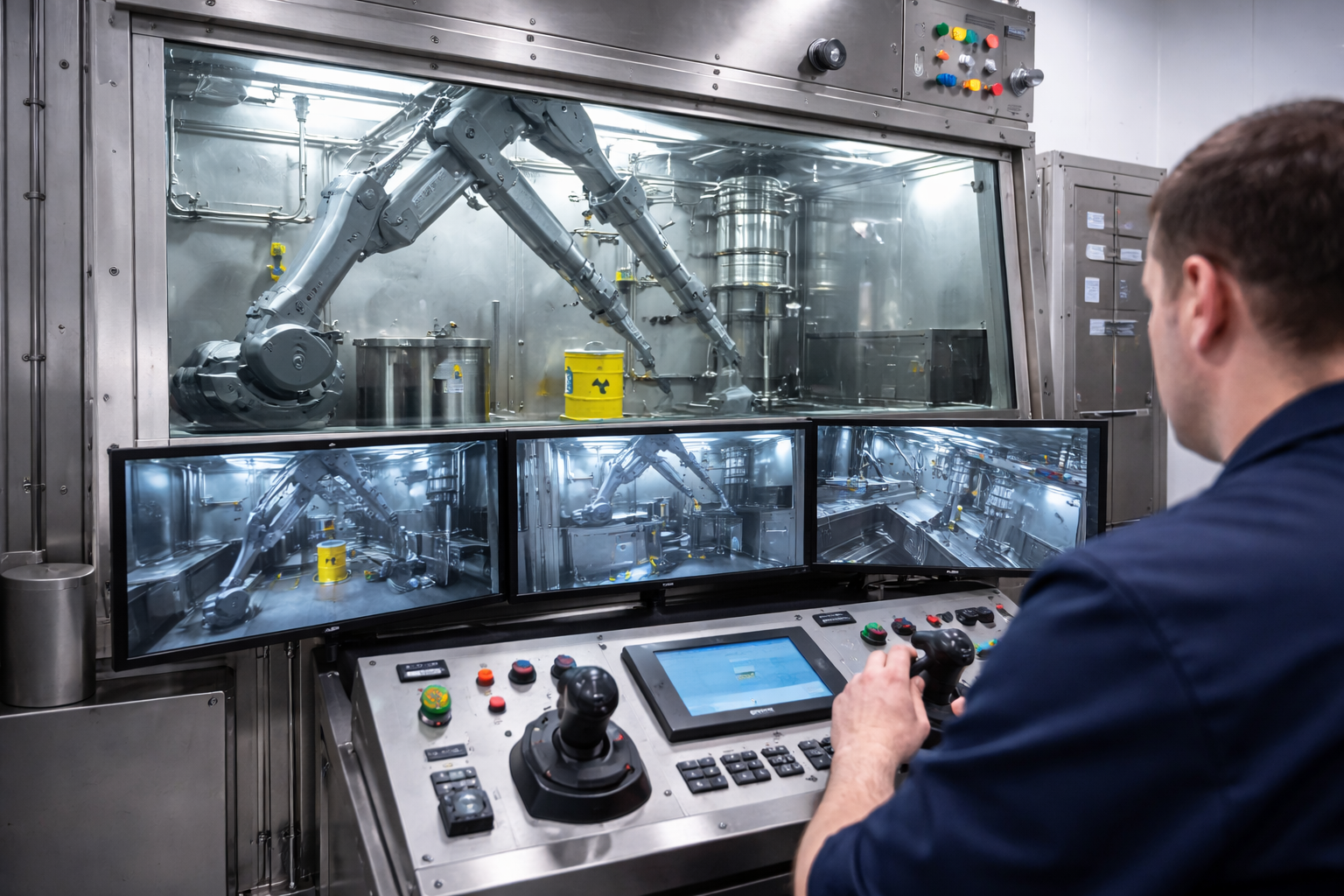 A person in a control room operating a robotic arm through multiple monitors, supervising an industrial process involving machines and containers in a high-tech environment.
