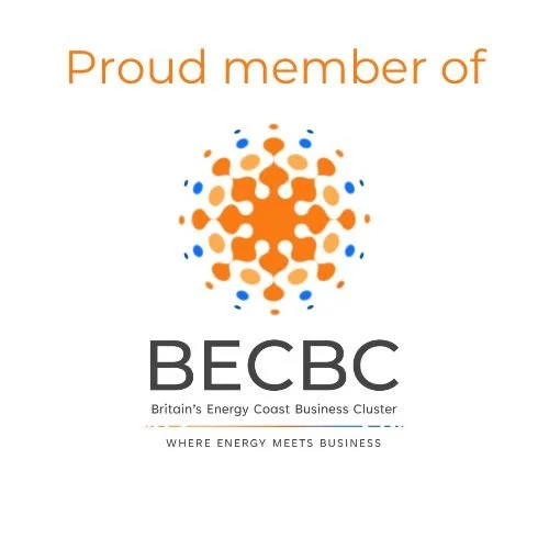 Logo for BECBC, Britain’s Energy Coast Business Cluster, with orange and blue circular design and text 'Proud member of BECBC, Britain’s Energy Coast Business Cluster, where energy meets business'.