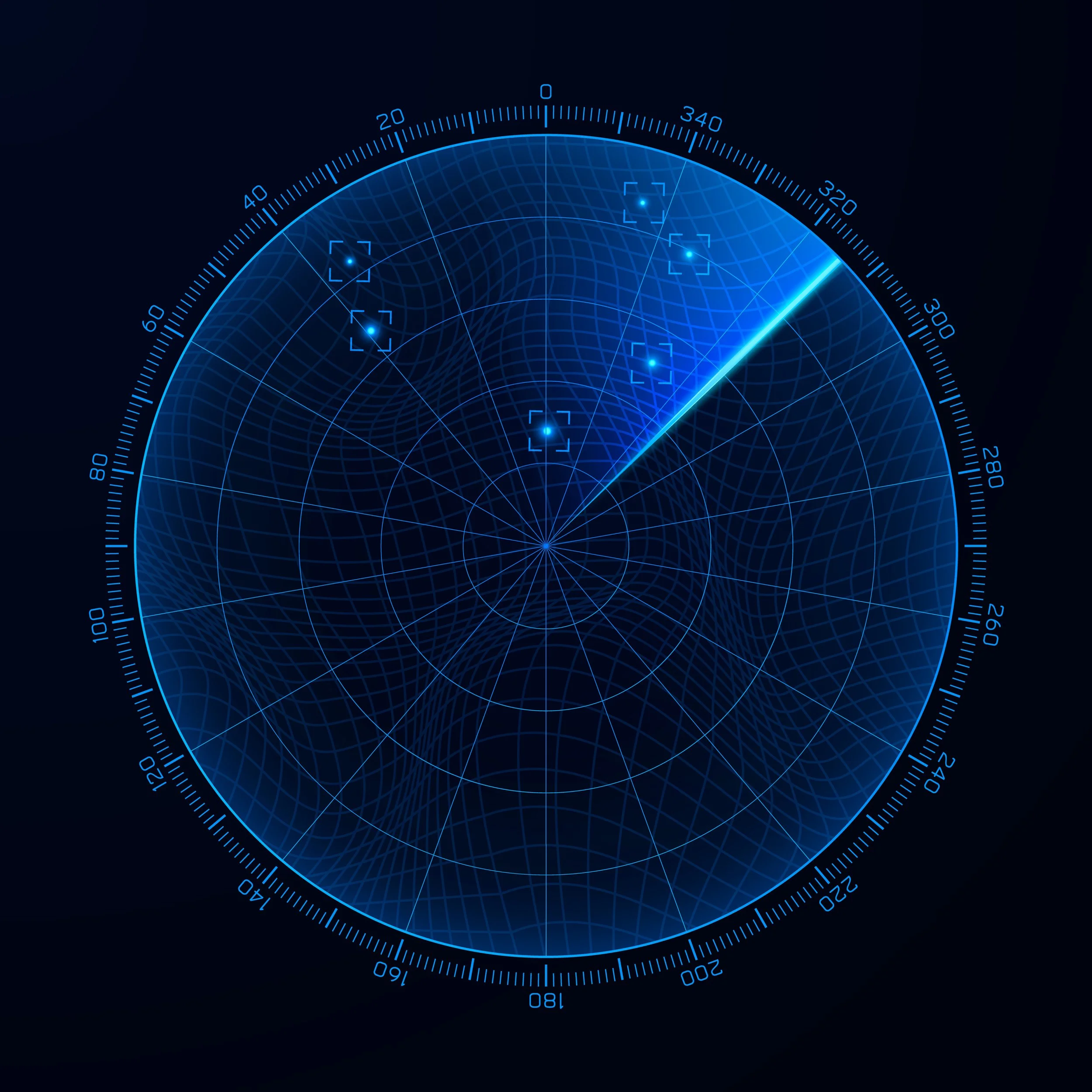 A futuristic blue radar screen with a grid pattern and several tracked objects.