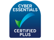 Cyber Essentials Certified Plus badge with blue background and green and blue logo